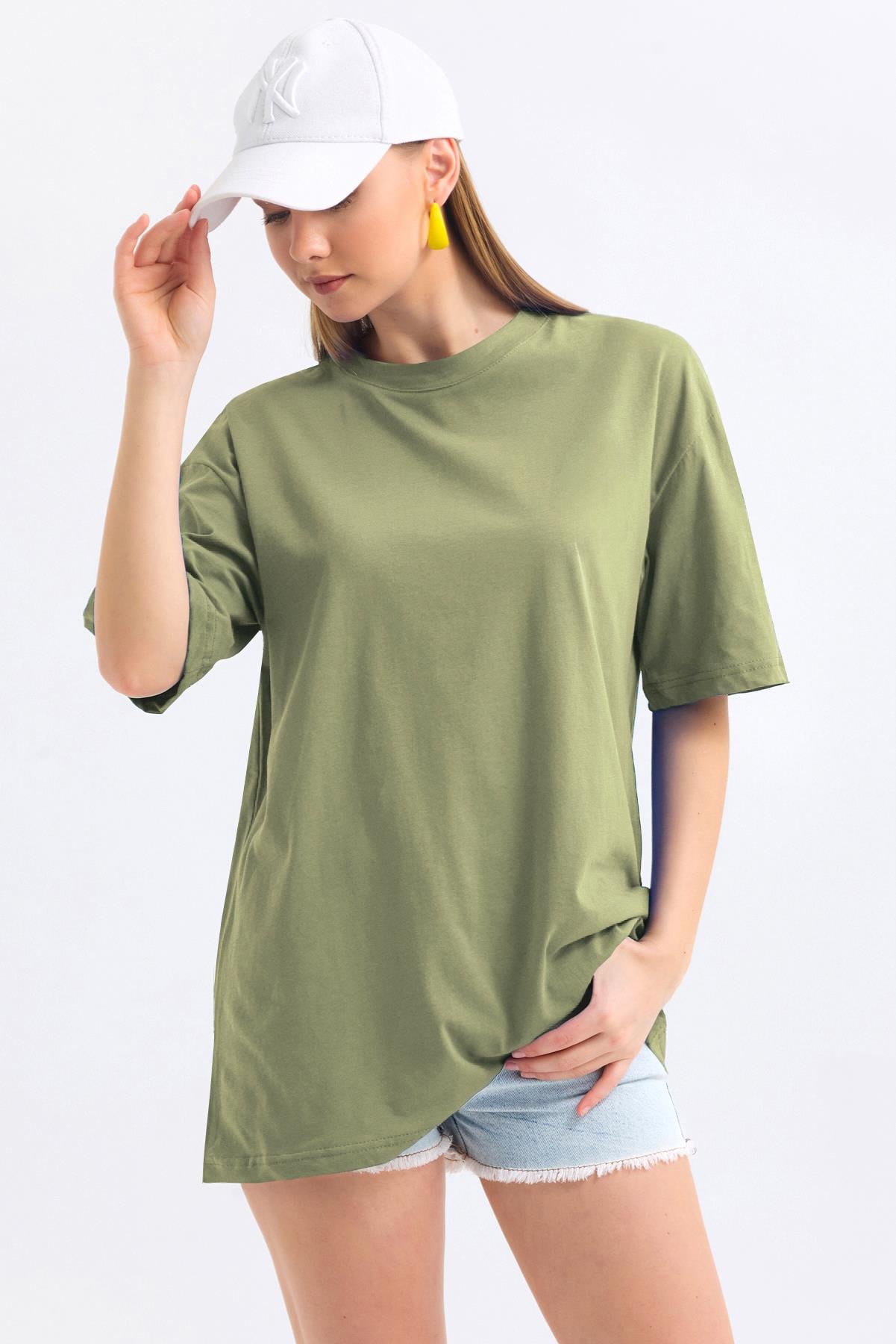 Bisiklet Yaka %100 Pamuk Basic Oversize Tişört - Olive