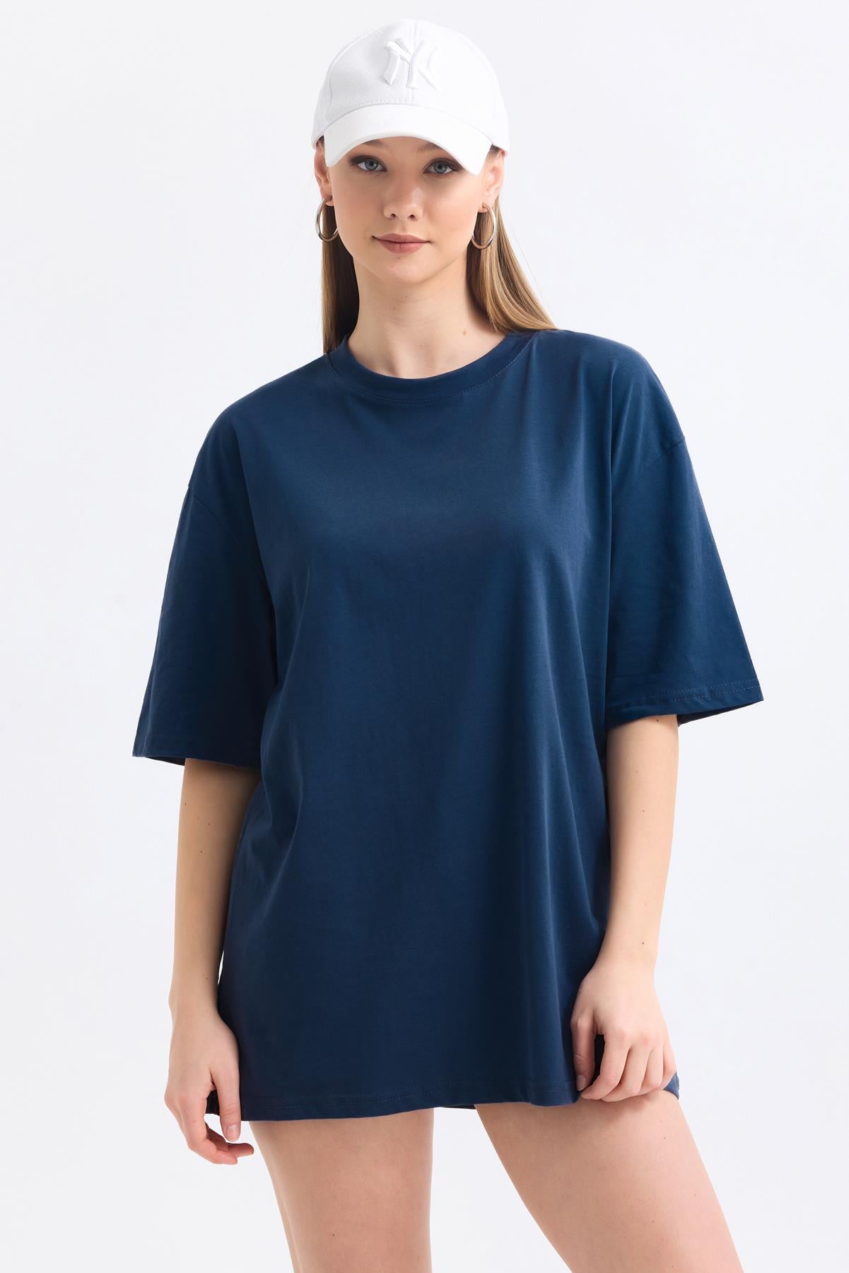 Bisiklet Yaka %100 Pamuk Basic Oversize Tişört - Lacivert