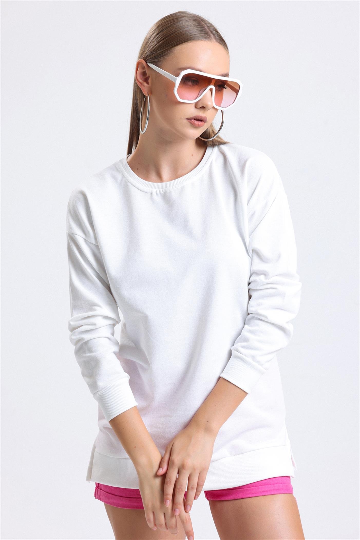 Bisiklet Yaka Basic Salaş Sweatshirt - Ekru