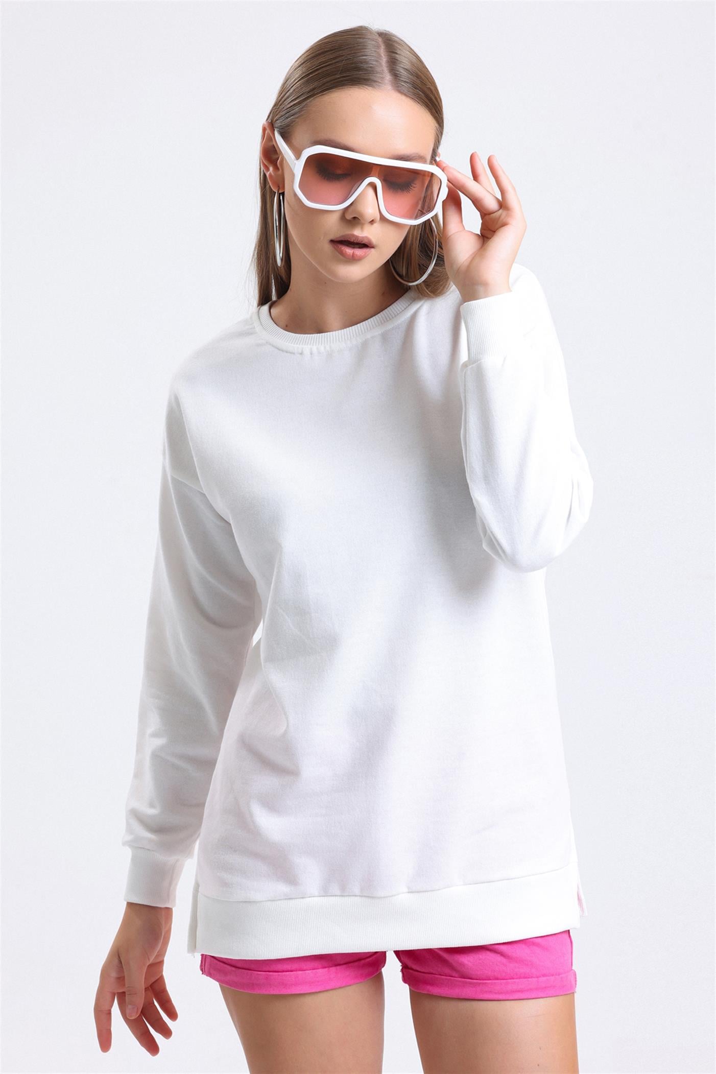 Bisiklet Yaka Basic Salaş Sweatshirt - Ekru