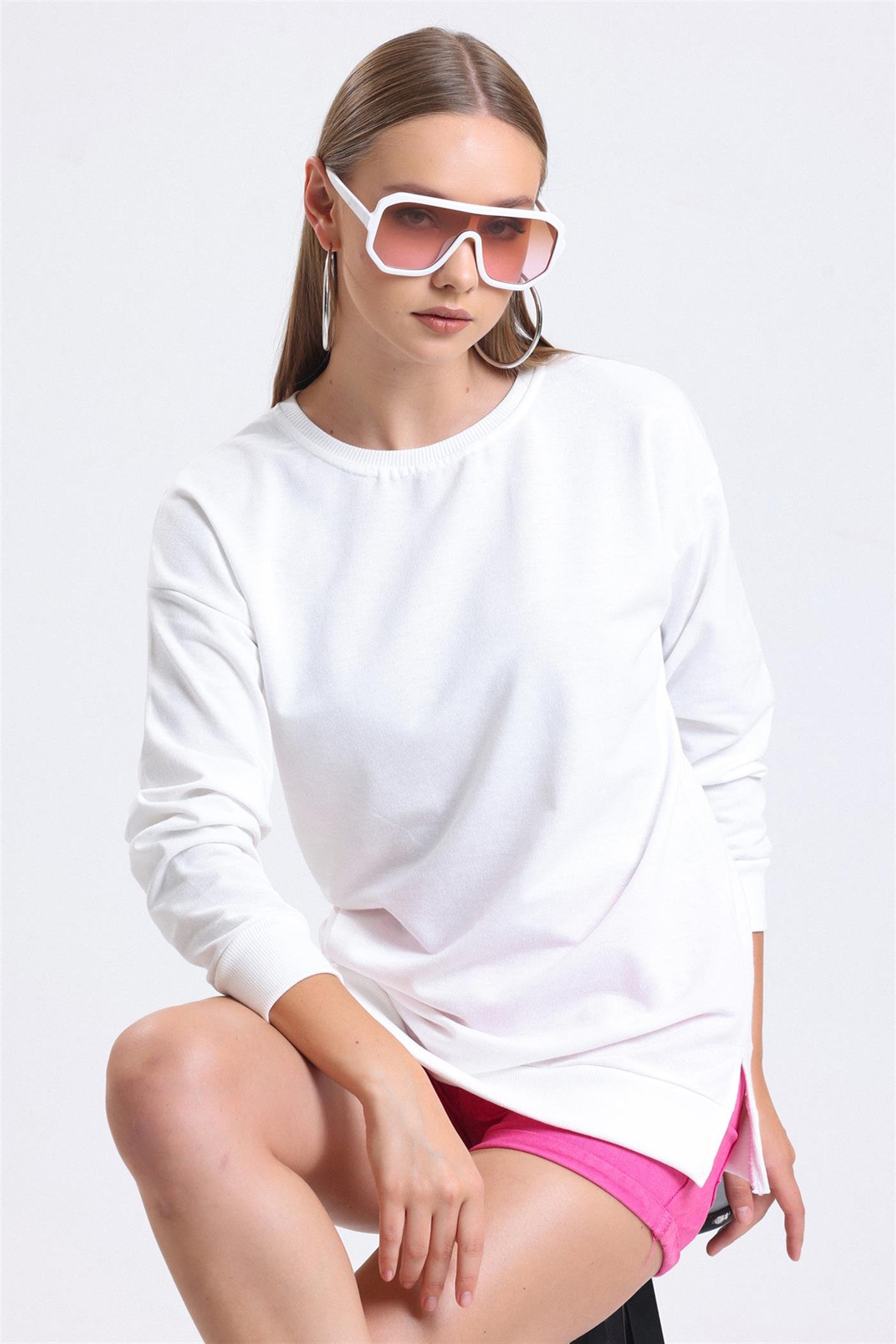 Bisiklet Yaka Basic Salaş Sweatshirt - Ekru