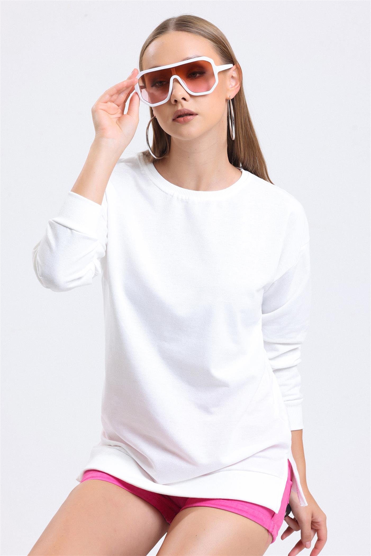 Bisiklet Yaka Basic Salaş Sweatshirt - Ekru