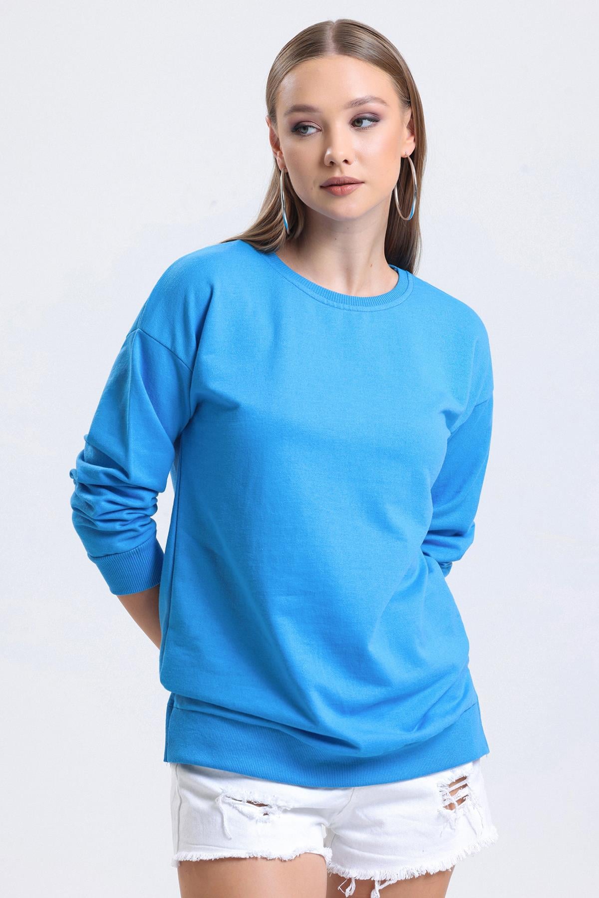 Bisiklet Yaka Basic Salaş Sweatshirt - Mavi