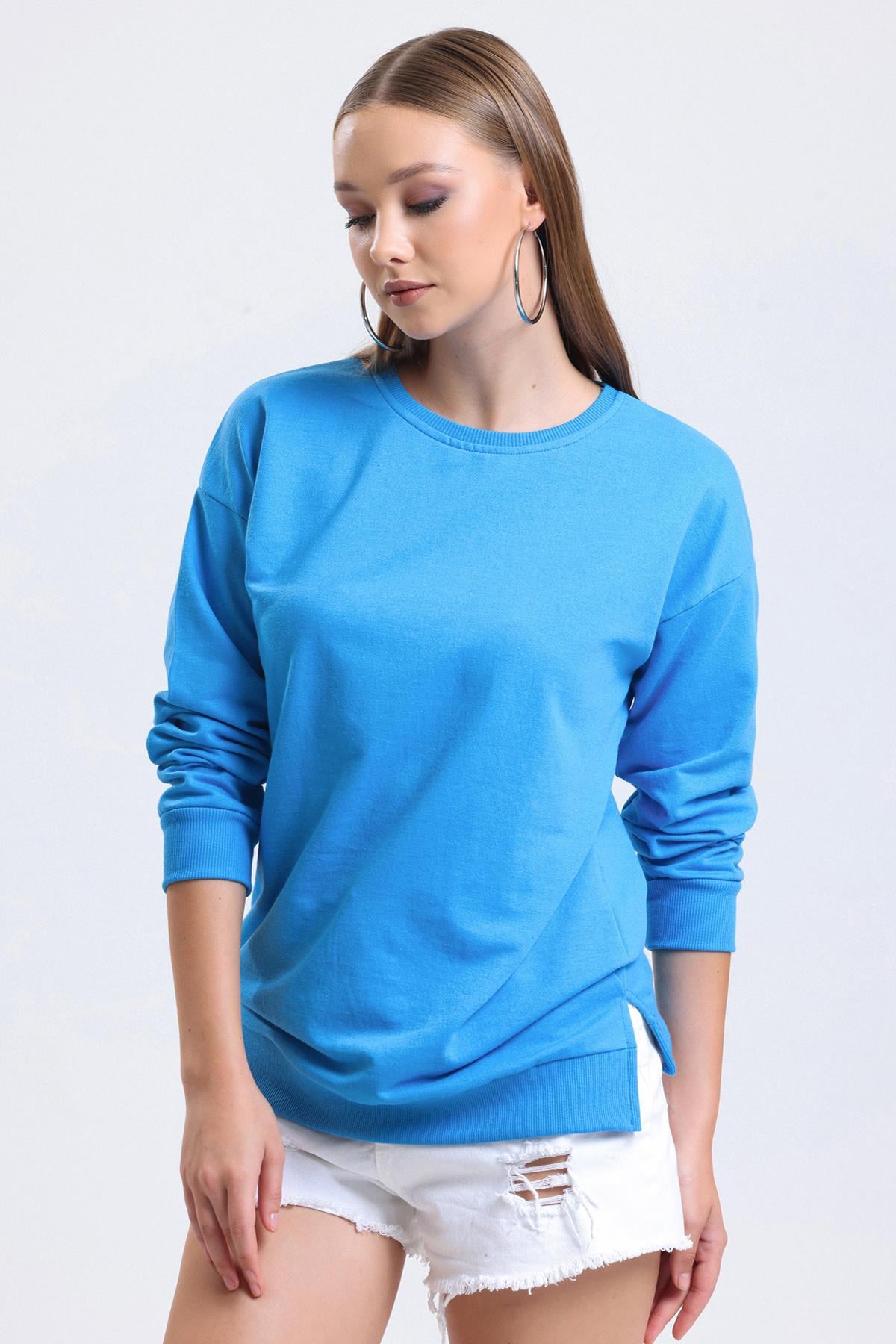 Bisiklet Yaka Basic Salaş Sweatshirt - Mavi