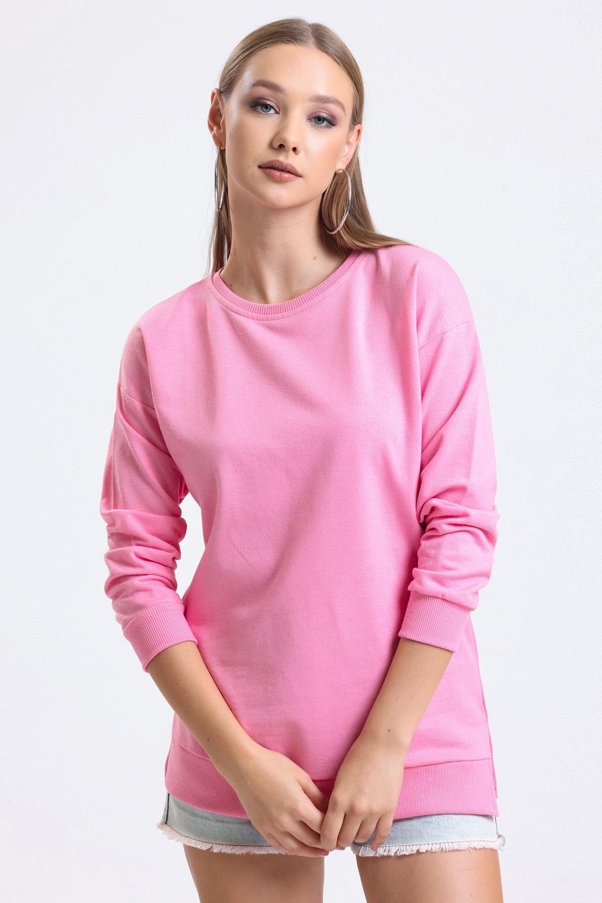 Bisiklet Yaka Basic Salaş Sweatshirt - Pembe