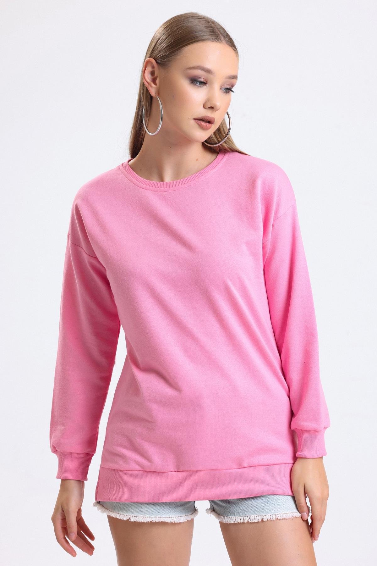 Bisiklet Yaka Basic Salaş Sweatshirt - Pembe