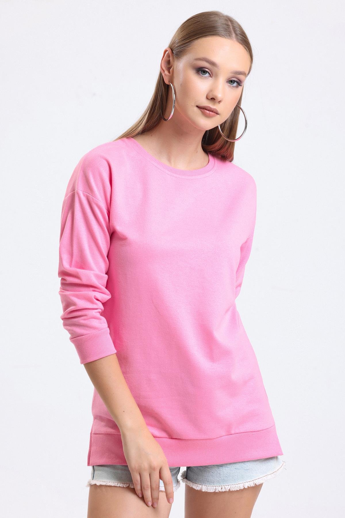 Bisiklet Yaka Basic Salaş Sweatshirt - Pembe