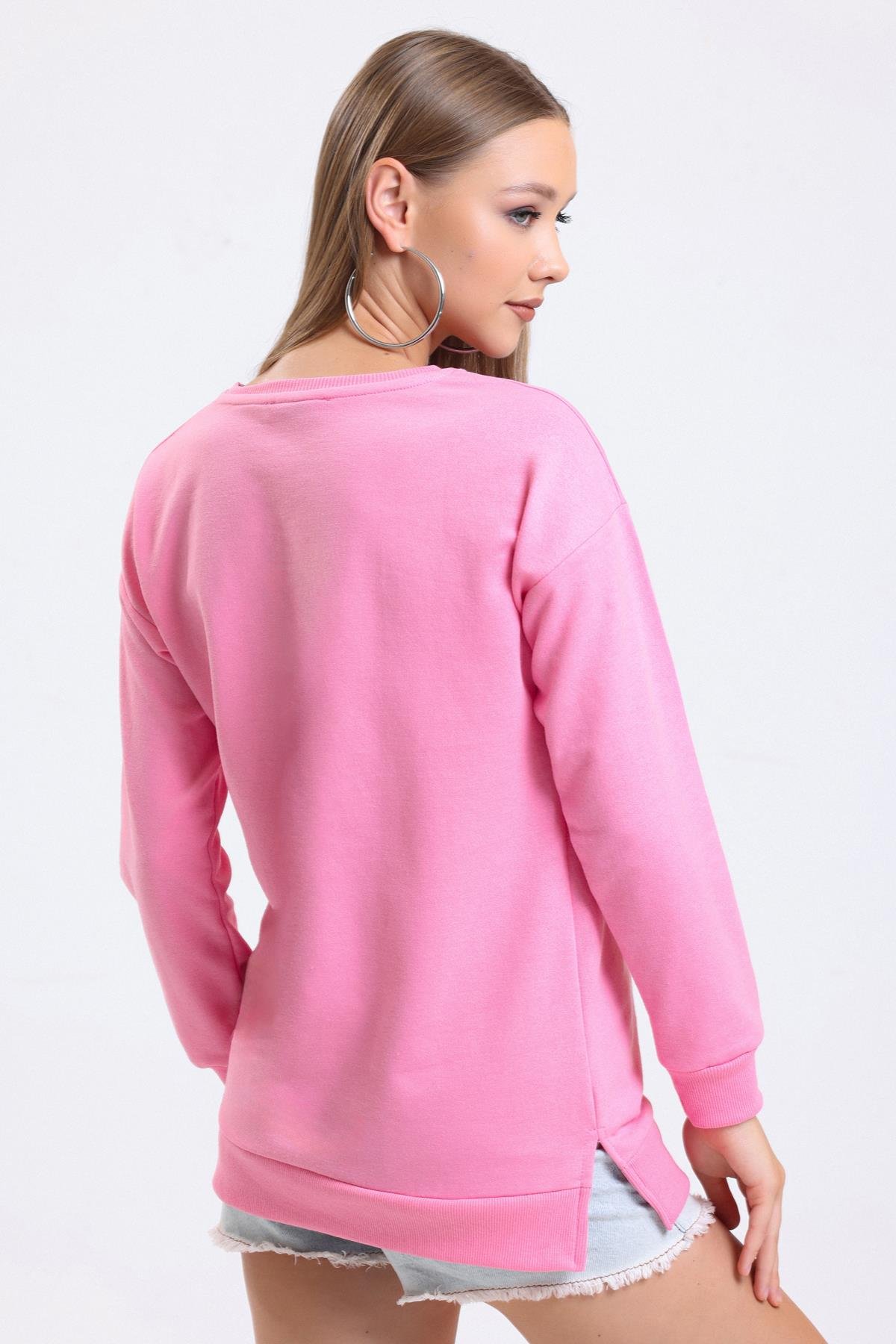 Bisiklet Yaka Basic Salaş Sweatshirt - Pembe