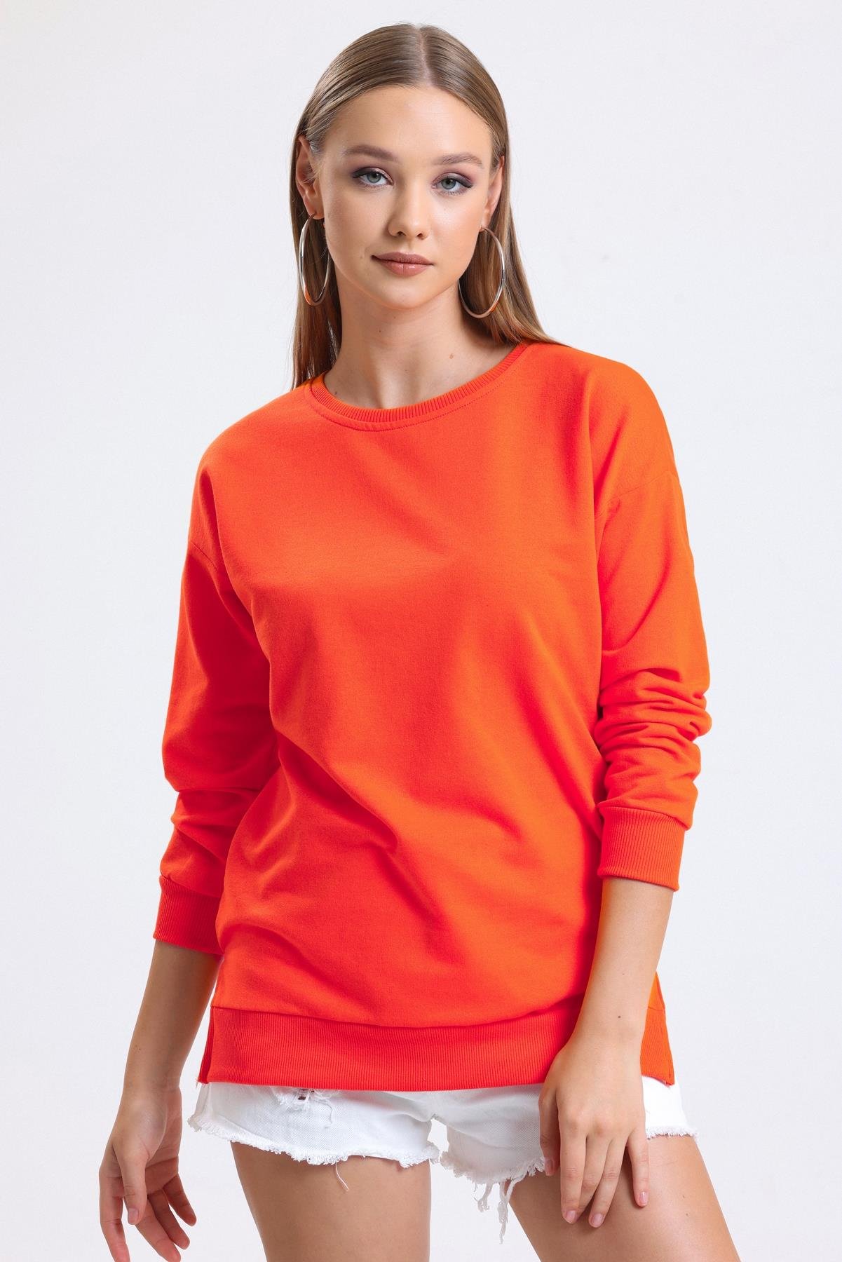 Bisiklet Yaka Basic Salaş Sweatshirt - Turuncu