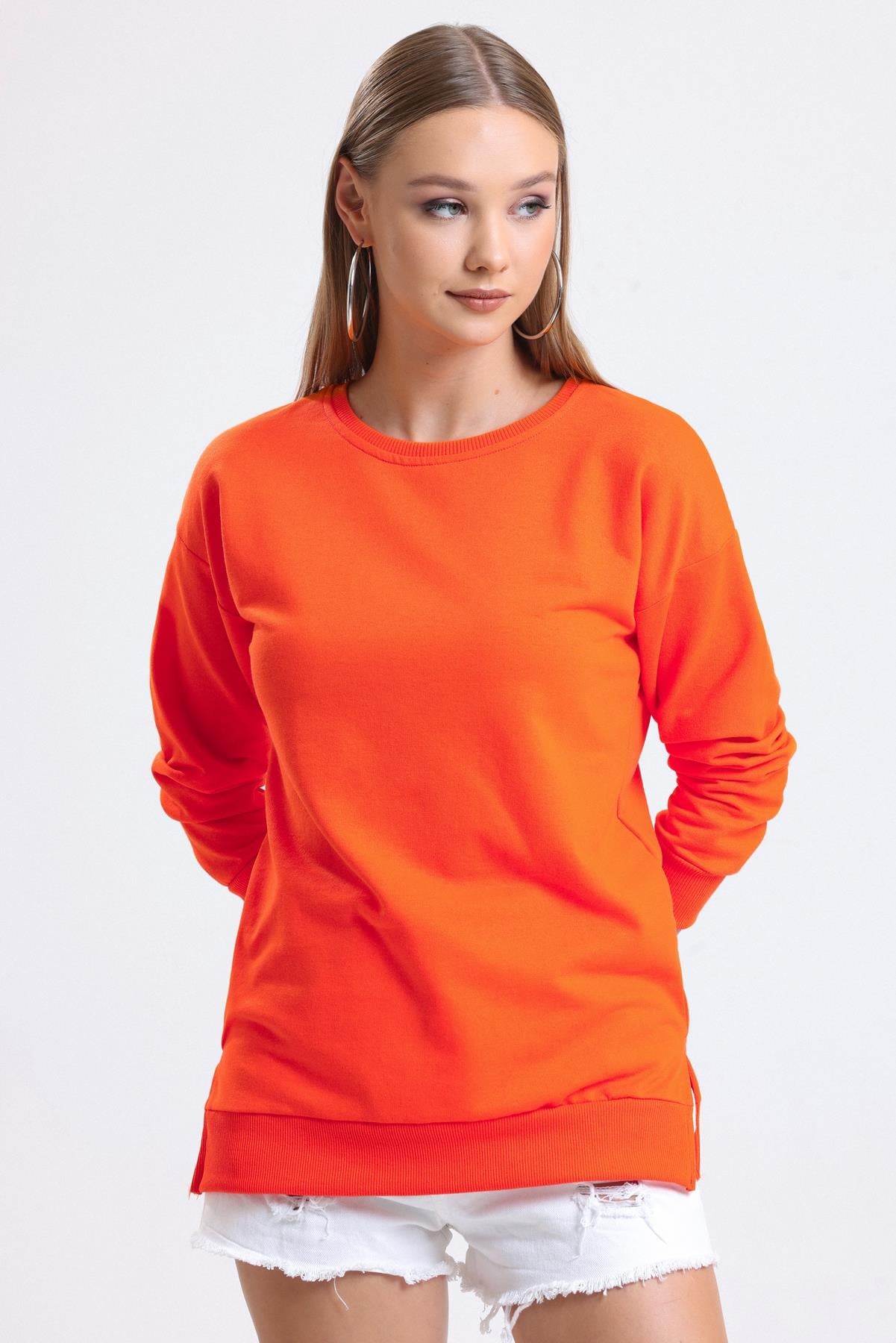 Bisiklet Yaka Basic Salaş Sweatshirt - Turuncu