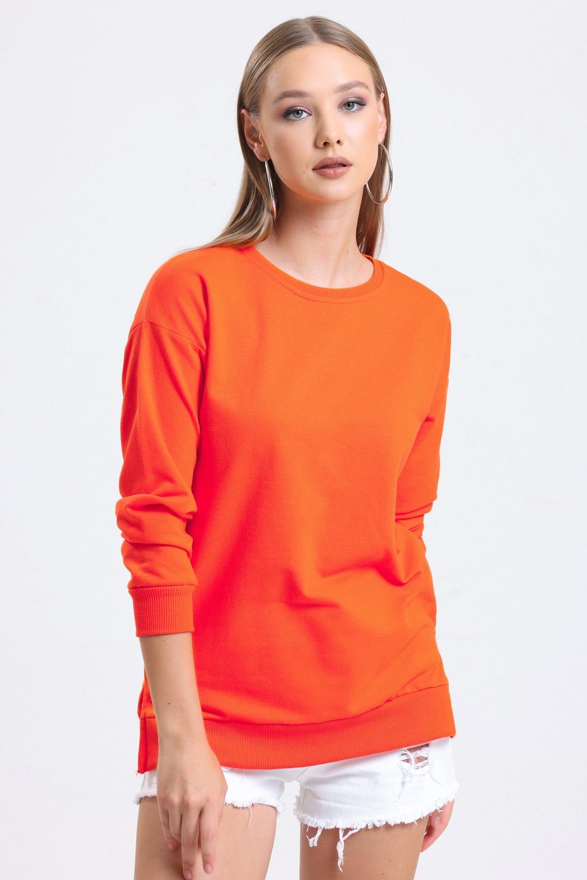 Bisiklet Yaka Basic Salaş Sweatshirt - Turuncu