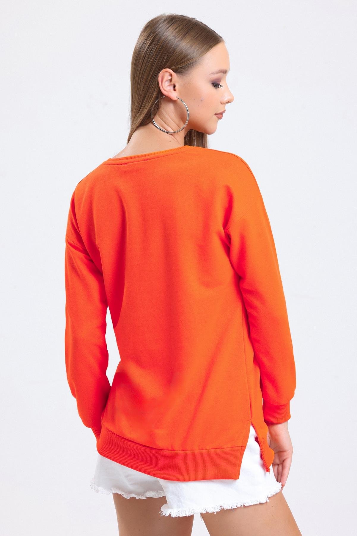 Bisiklet Yaka Basic Salaş Sweatshirt - Turuncu