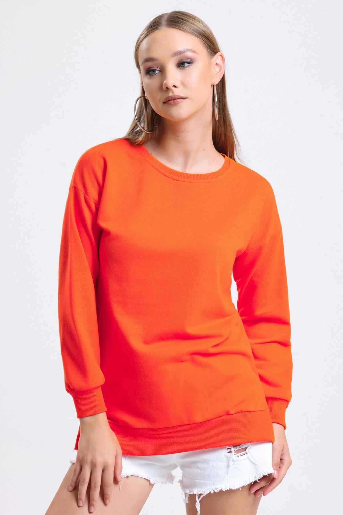 Bisiklet Yaka Basic Salaş Sweatshirt - Turuncu