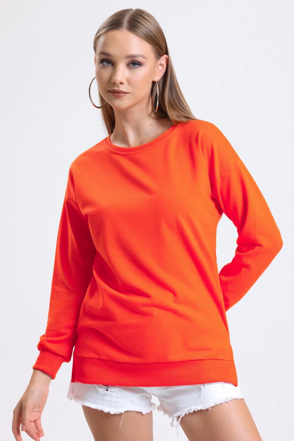 Bisiklet Yaka Basic Salaş Sweatshirt - Turuncu