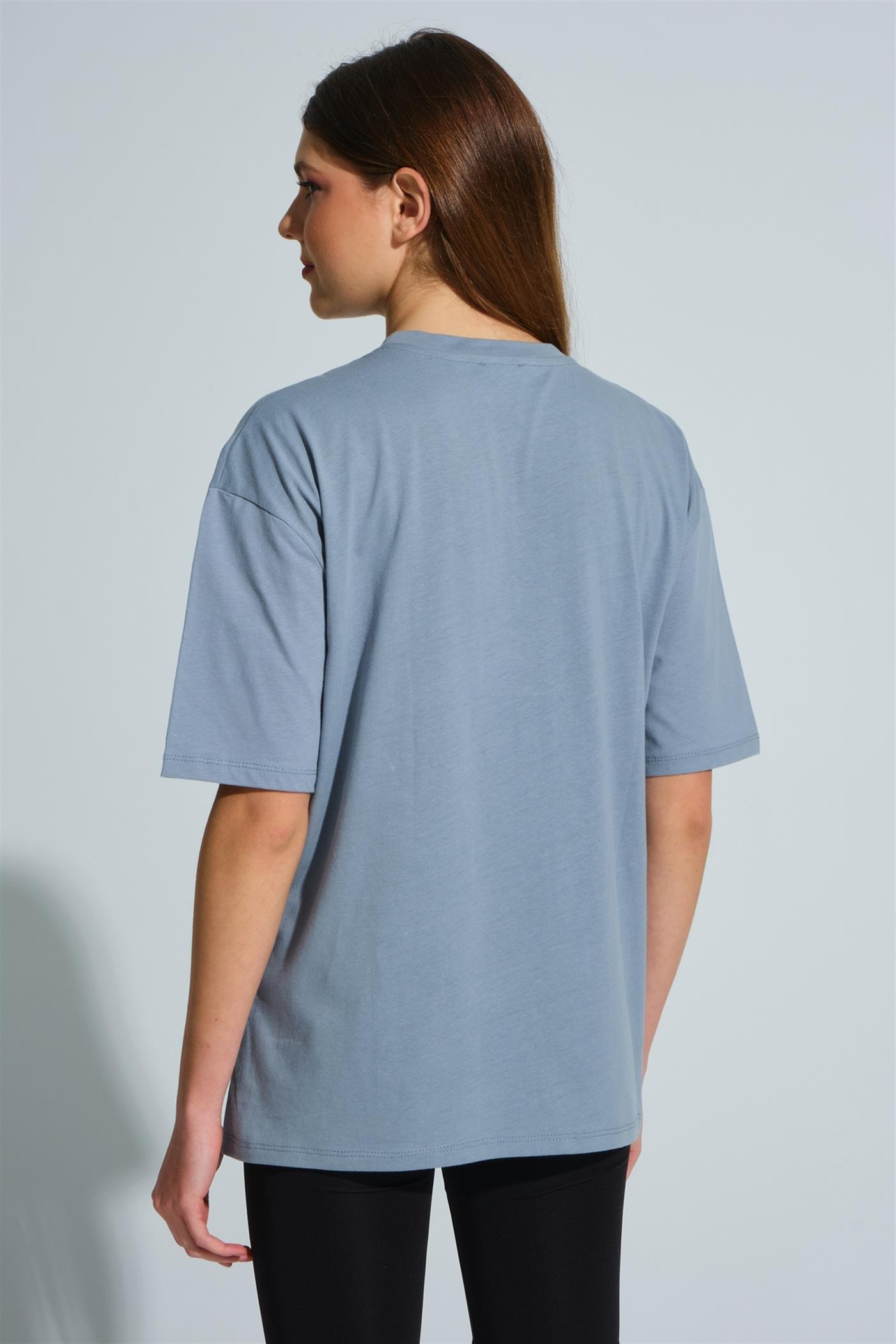 Bisiklet Yaka Baskılı Basic Oversize T-Shirt - Gri