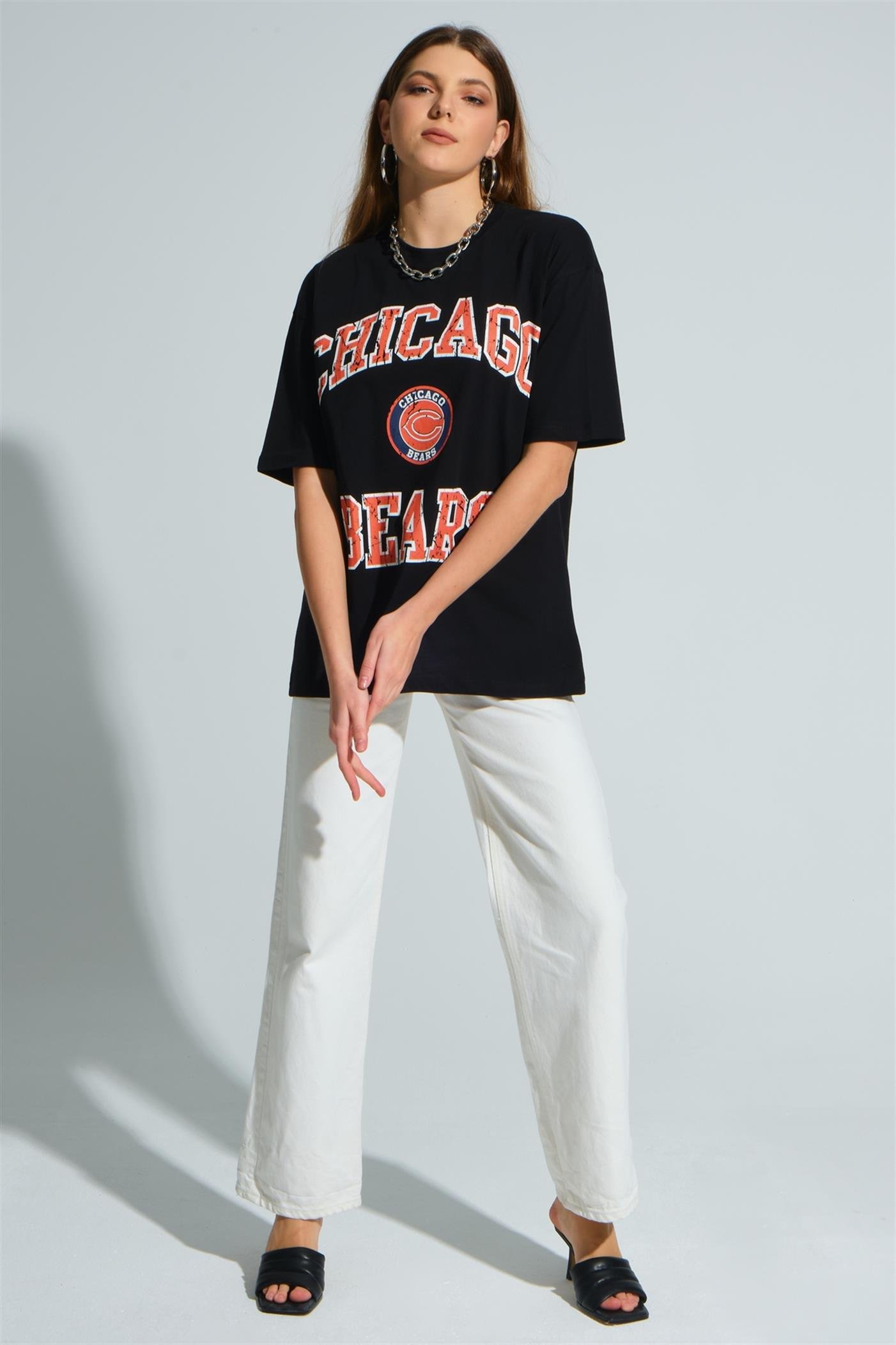 Bisiklet Yaka Baskılı Basic Oversize T-Shirt - Siyah