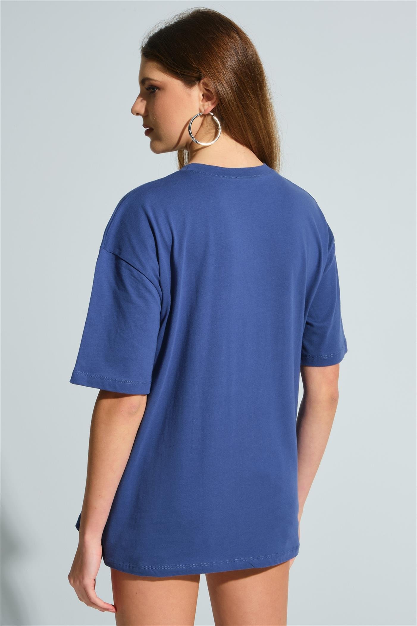 Bisiklet Yaka Baskılı Basic Oversize T-Shirt - İndigo