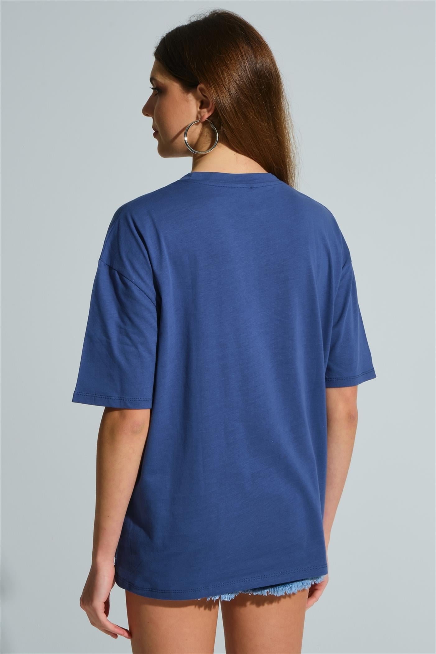 Bisiklet Yaka Baskılı Basic Oversize T-Shirt - İndigo