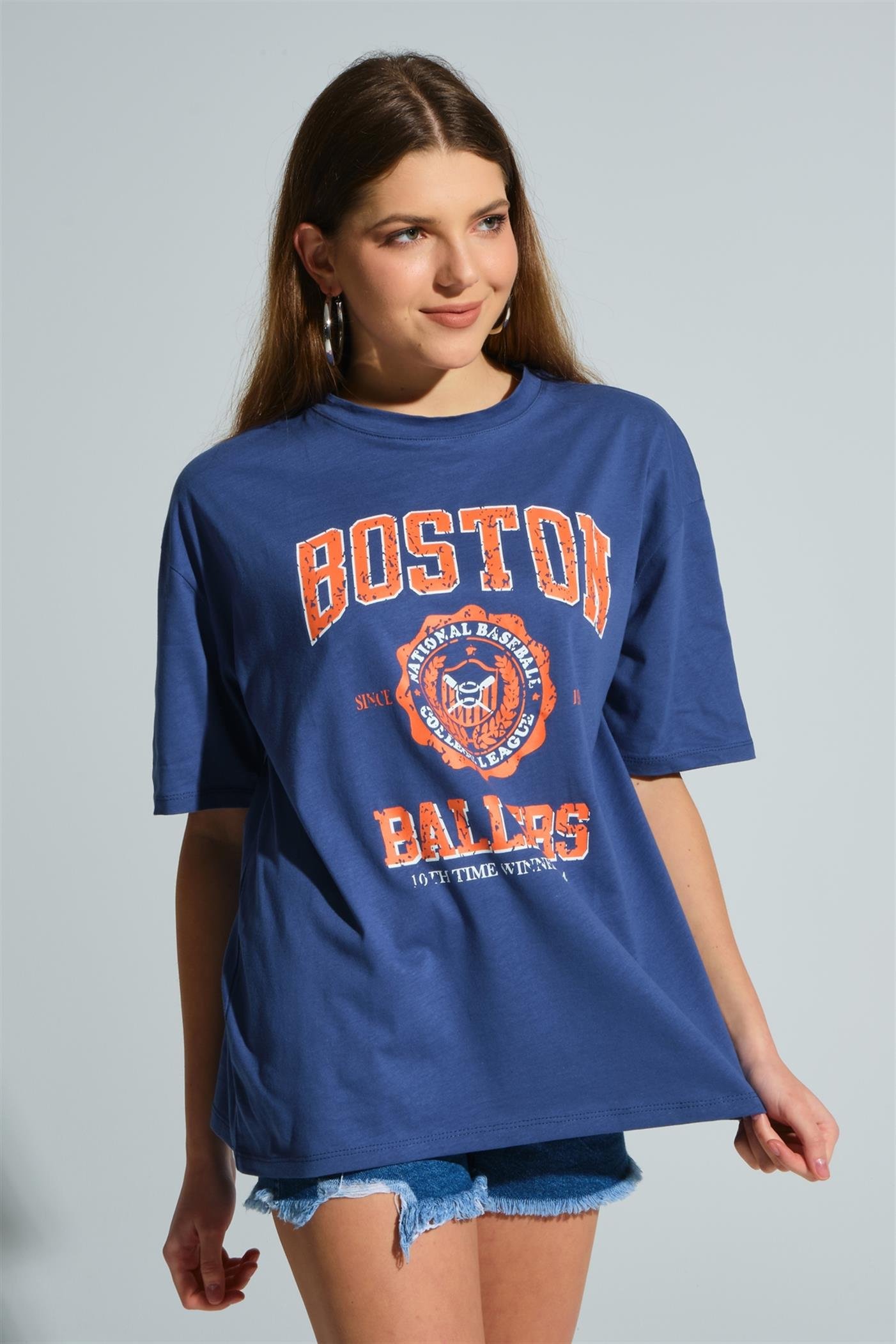 Bisiklet Yaka Baskılı Basic Oversize T-Shirt - İndigo