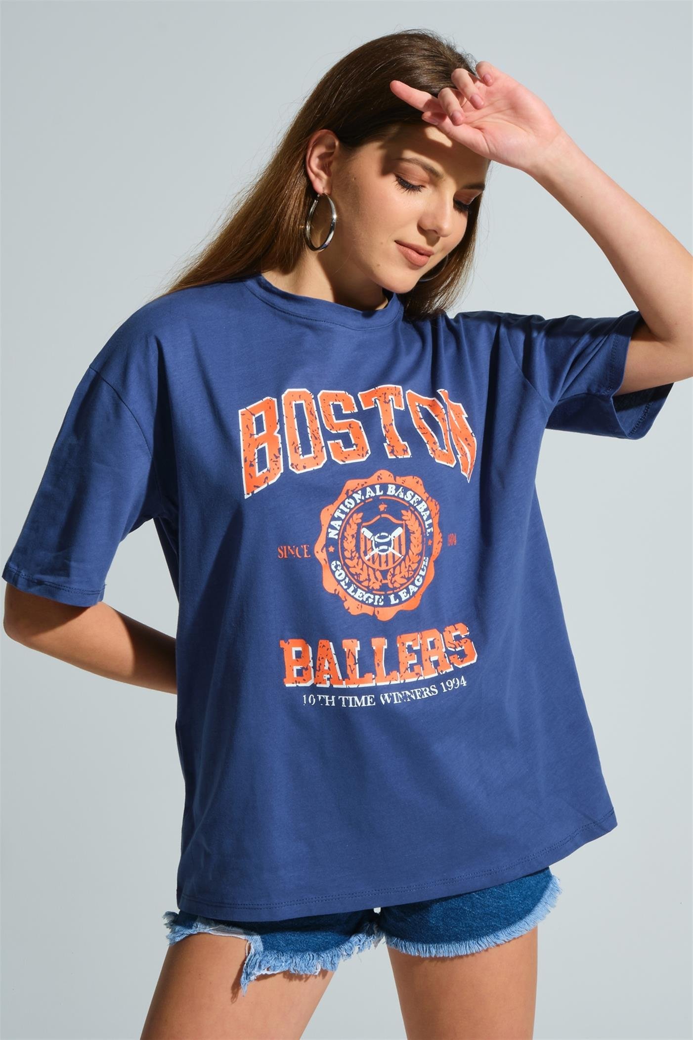 Bisiklet Yaka Baskılı Basic Oversize T-Shirt - İndigo