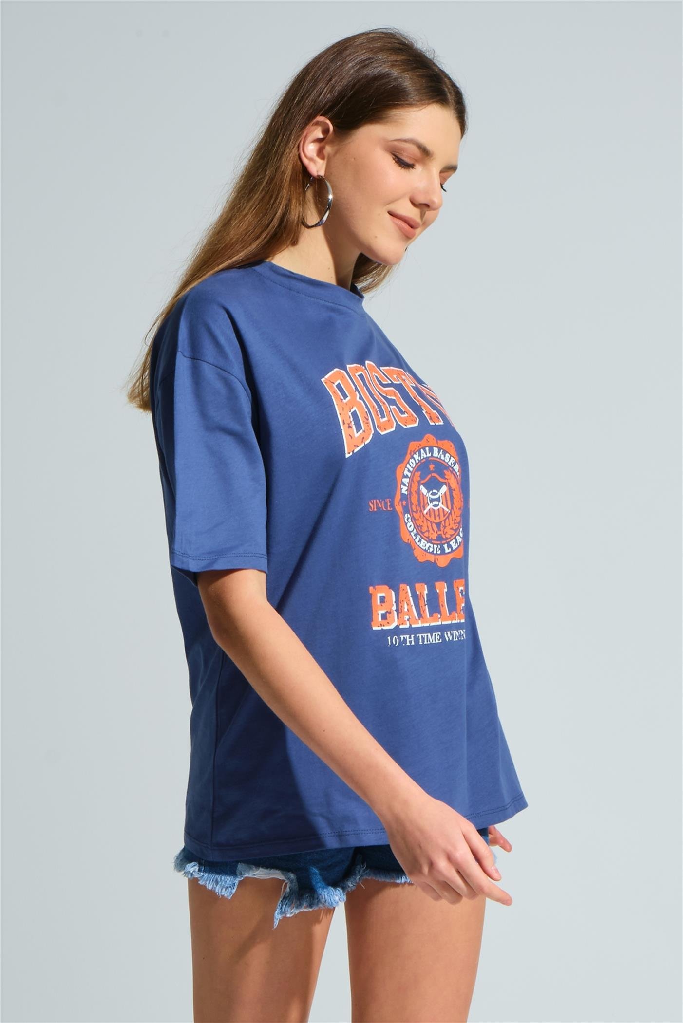 Bisiklet Yaka Baskılı Basic Oversize T-Shirt - İndigo