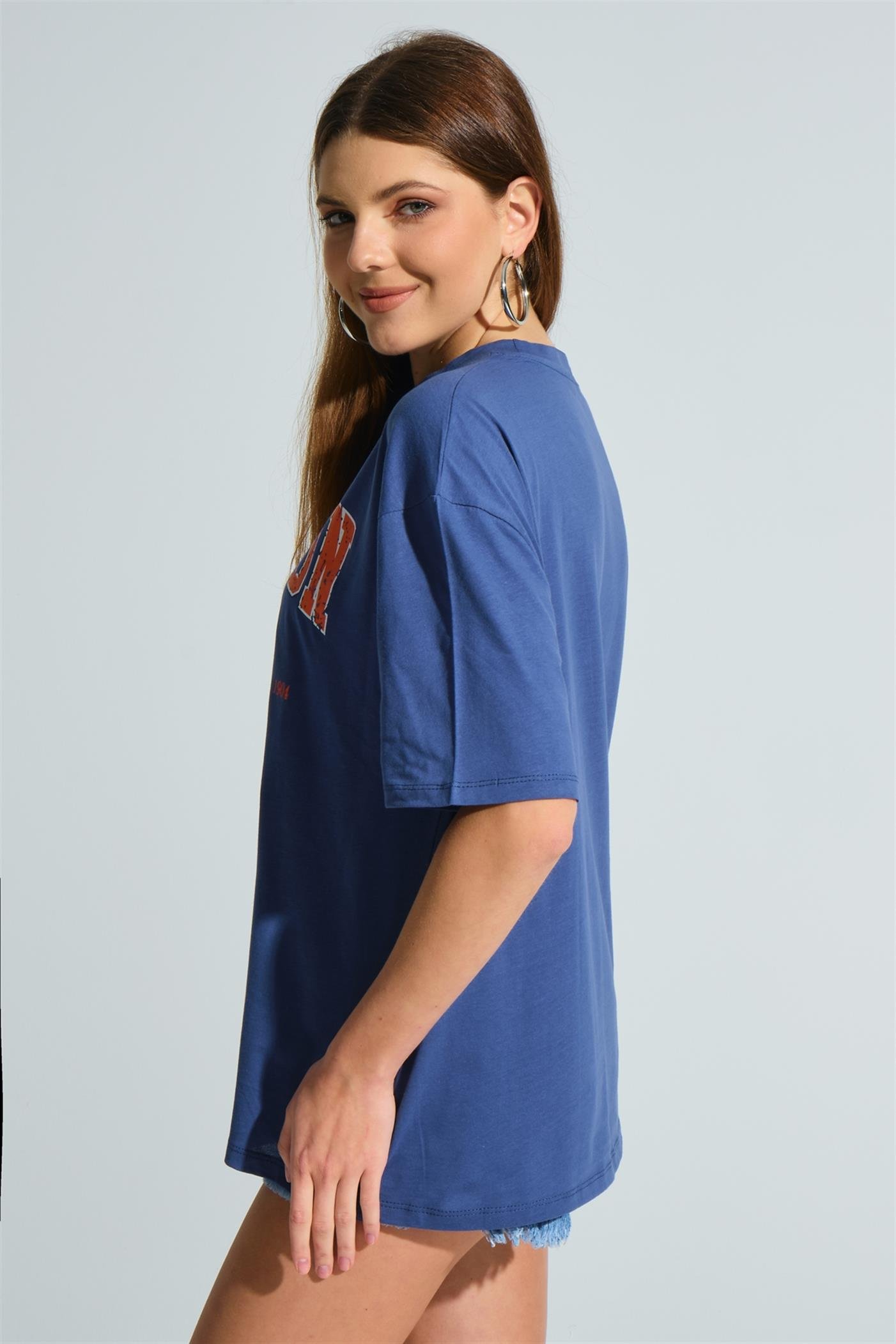 Bisiklet Yaka Baskılı Basic Oversize T-Shirt - İndigo