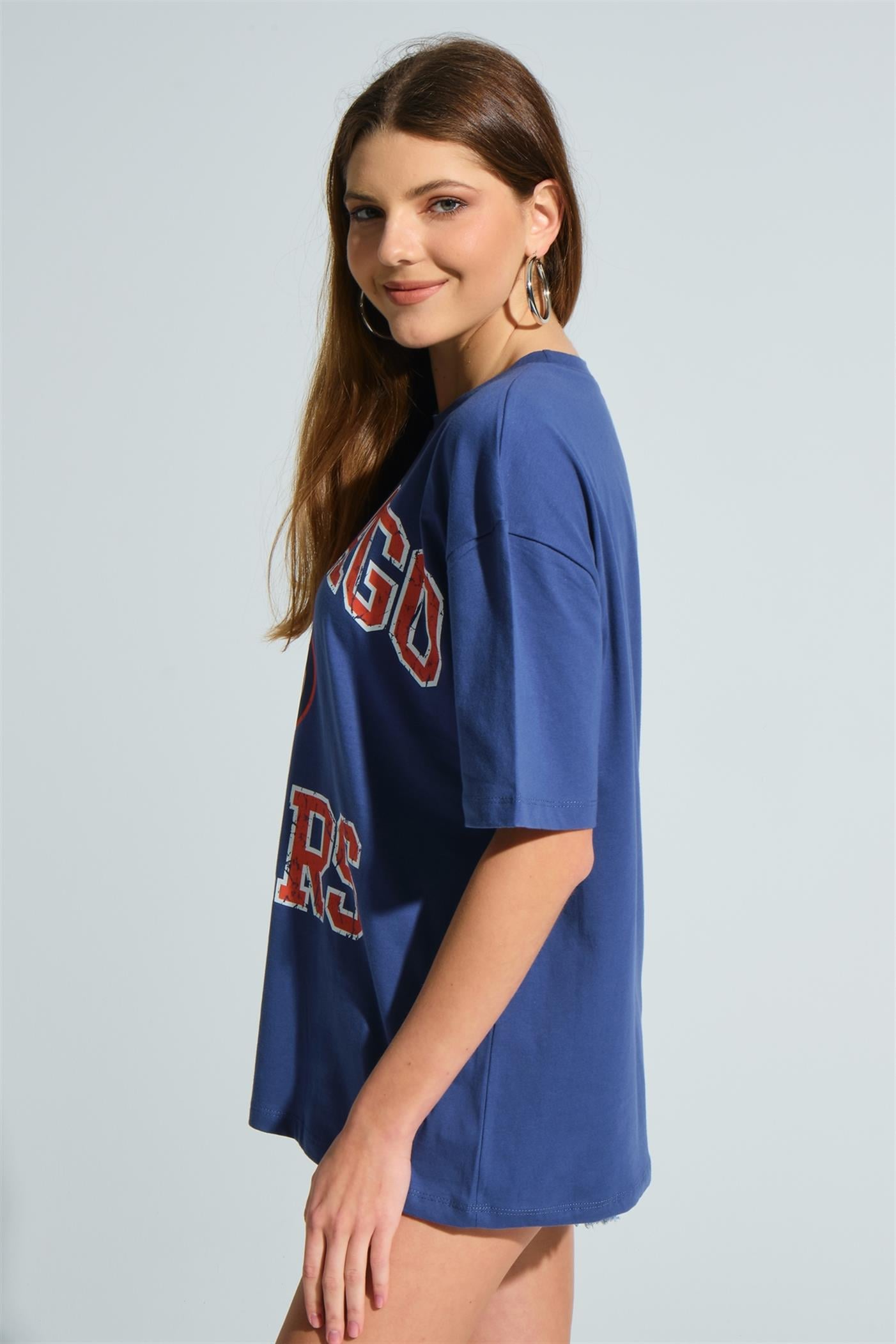 Bisiklet Yaka Baskılı Basic Oversize T-Shirt - İndigo