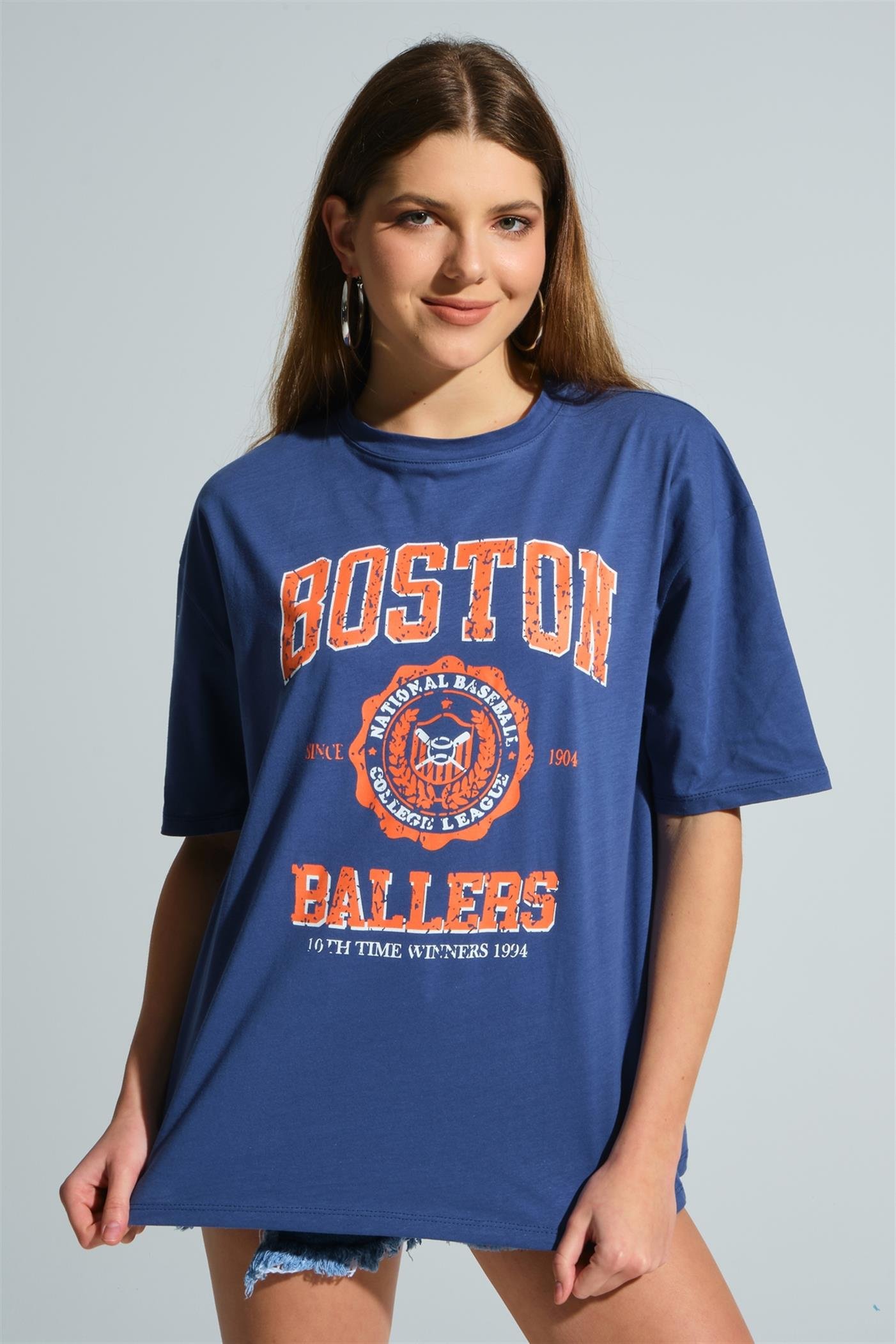 Bisiklet Yaka Baskılı Basic Oversize T-Shirt - İndigo