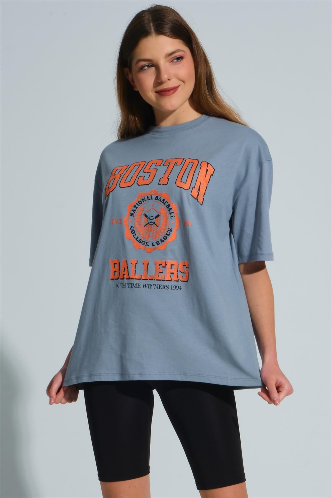 Bisiklet Yaka Baskılı Basic Oversize T-Shirt - Gri