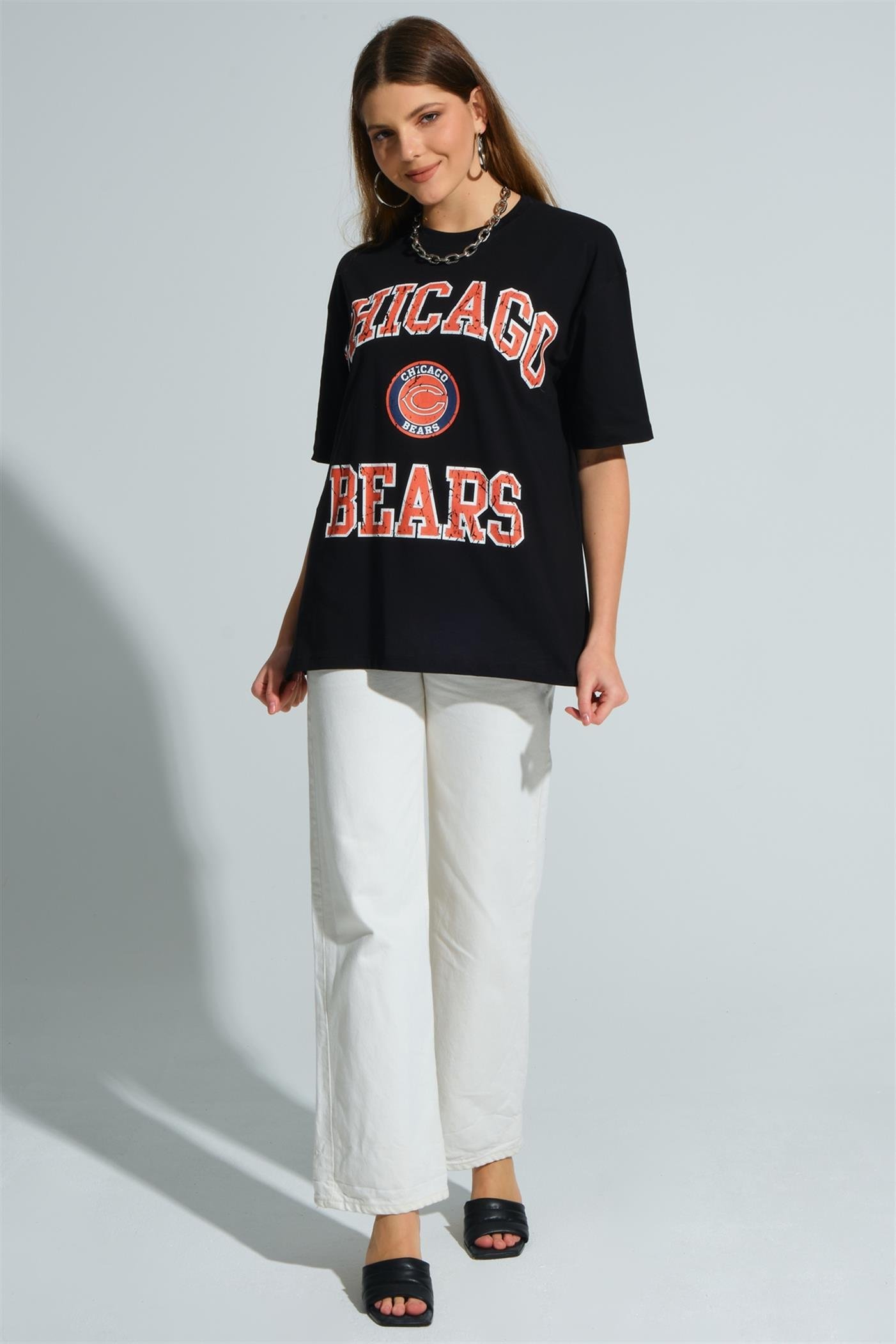 Bisiklet Yaka Baskılı Basic Oversize T-Shirt - Siyah