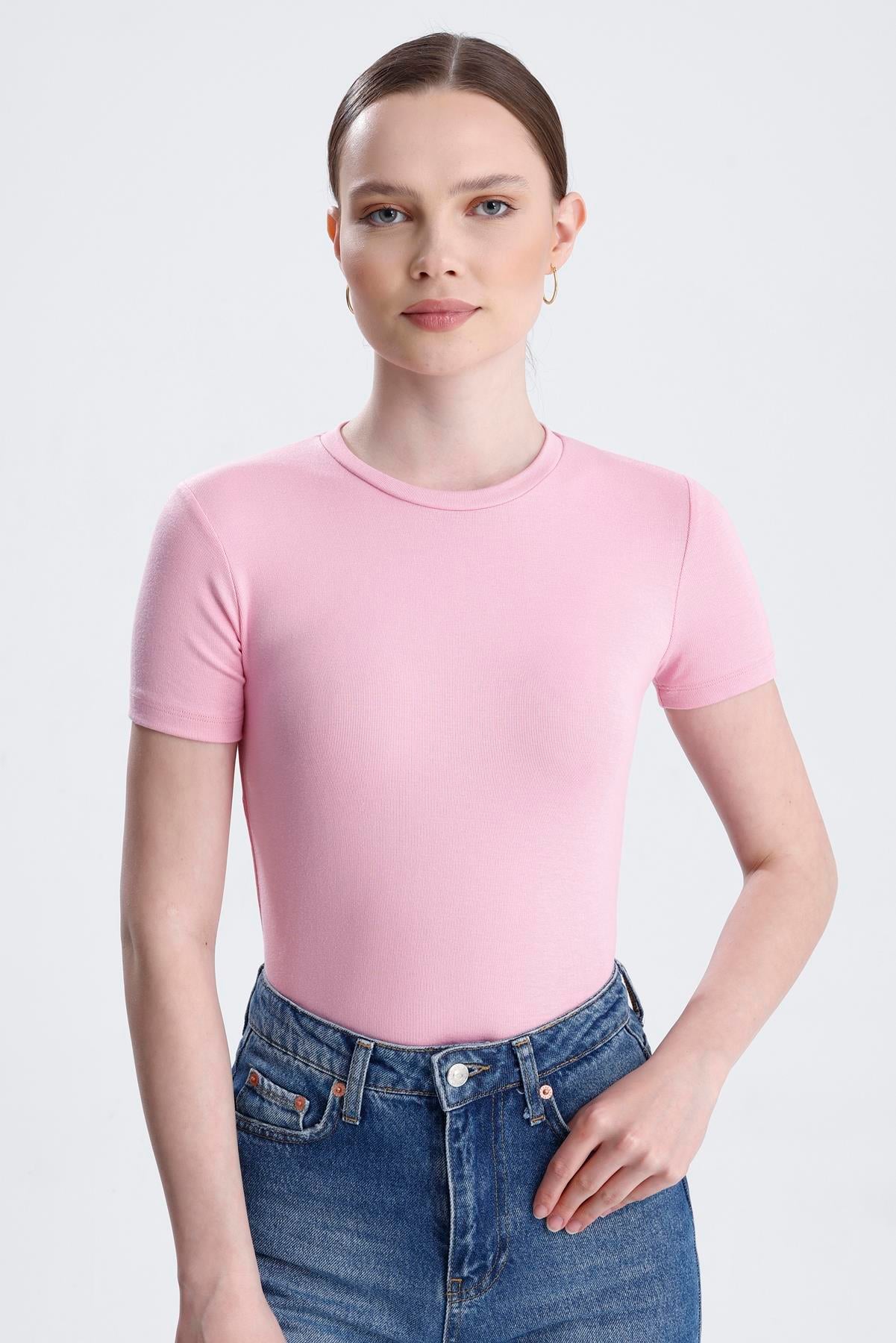 Bisiklet Yaka Kısa Kollu Modal Body - Pembe