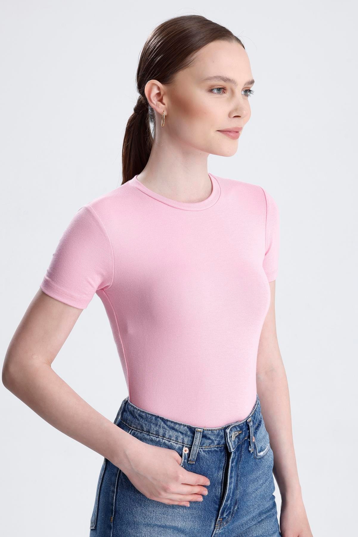 Bisiklet Yaka Kısa Kollu Modal Body - Pembe