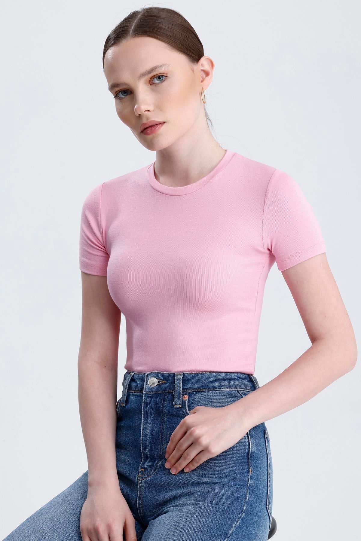 Bisiklet Yaka Kısa Kollu Modal Body - Pembe