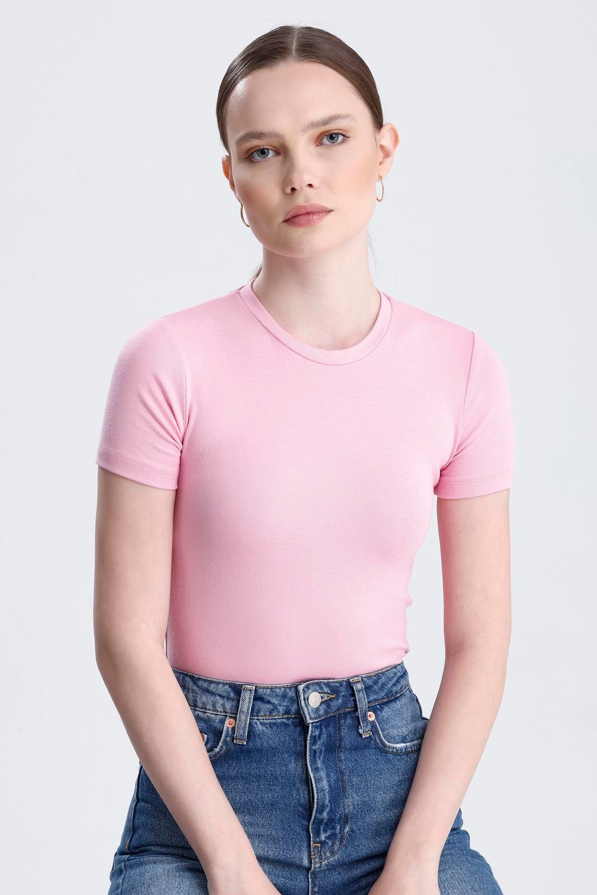 Bisiklet Yaka Kısa Kollu Modal Body - Pembe