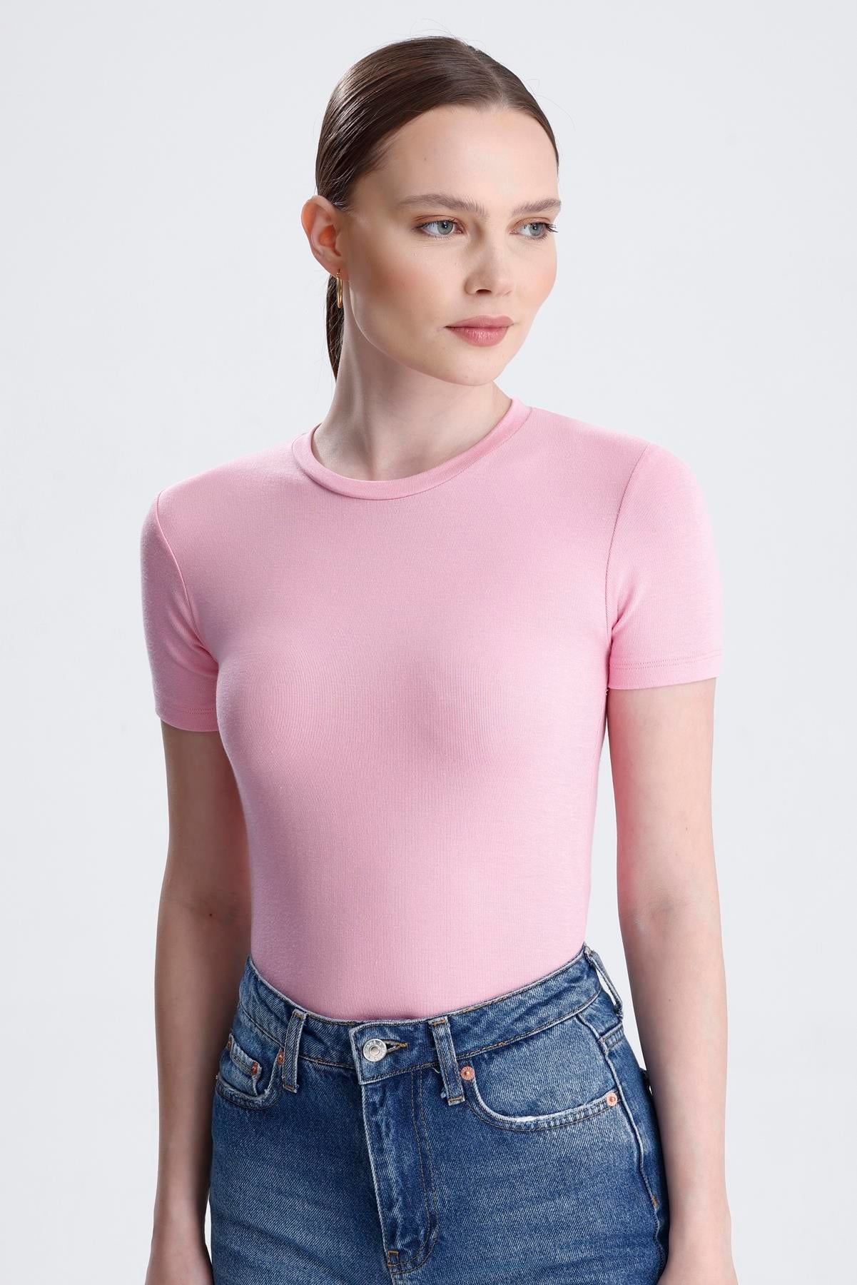 Bisiklet Yaka Kısa Kollu Modal Body - Pembe