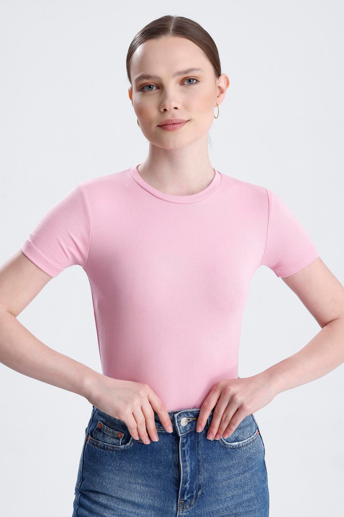 Bisiklet Yaka Kısa Kollu Modal Body - Pembe