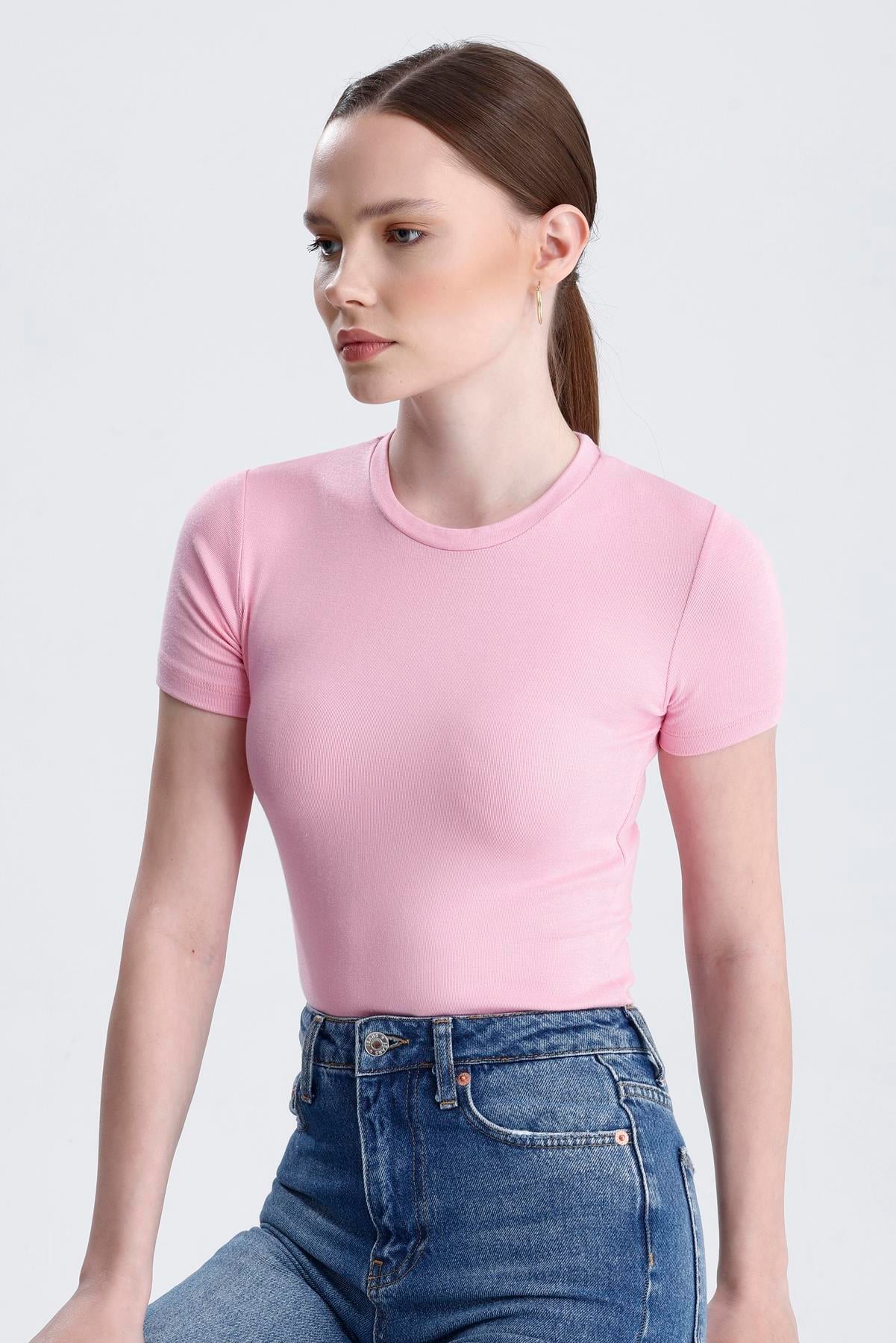 Bisiklet Yaka Kısa Kollu Modal Body - Pembe