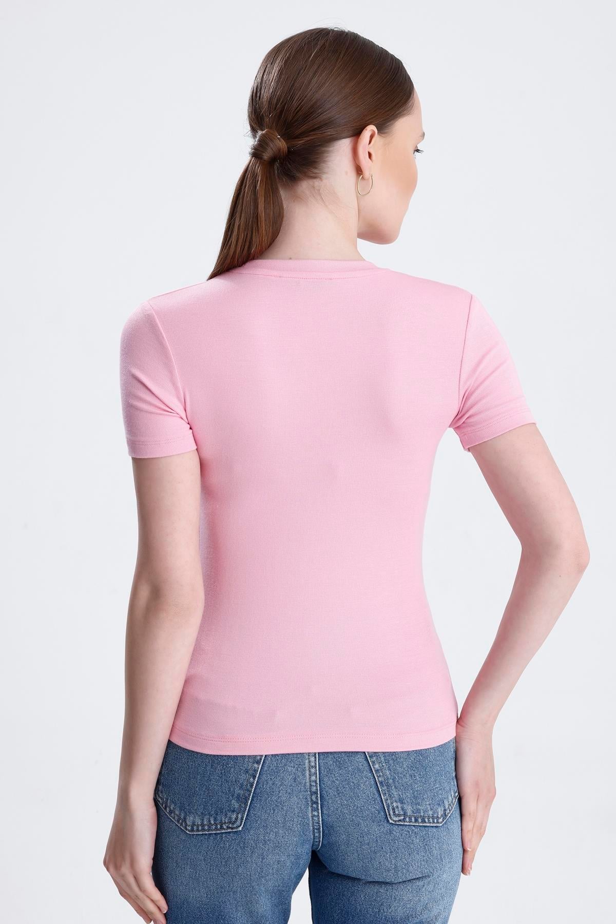 Bisiklet Yaka Kısa Kollu Modal Body - Pembe