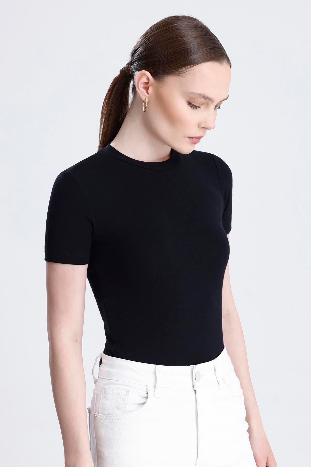 Bisiklet Yaka Kısa Kollu Modal Body - Siyah