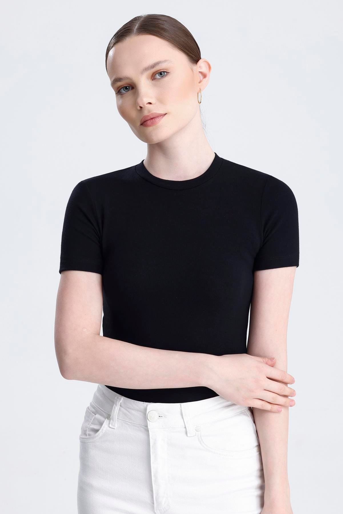 Bisiklet Yaka Kısa Kollu Modal Body - Siyah