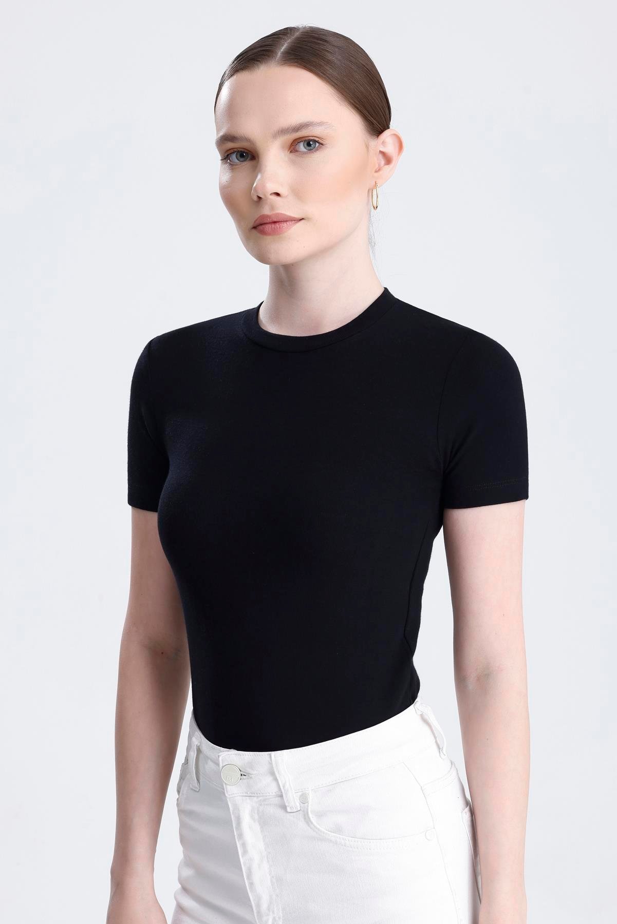 Bisiklet Yaka Kısa Kollu Modal Body - Siyah