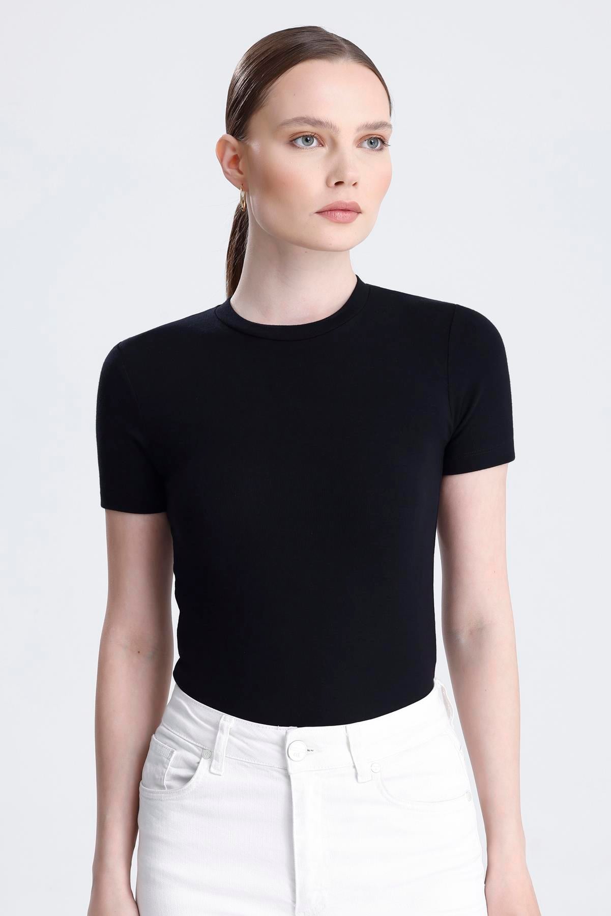 Bisiklet Yaka Kısa Kollu Modal Body - Siyah