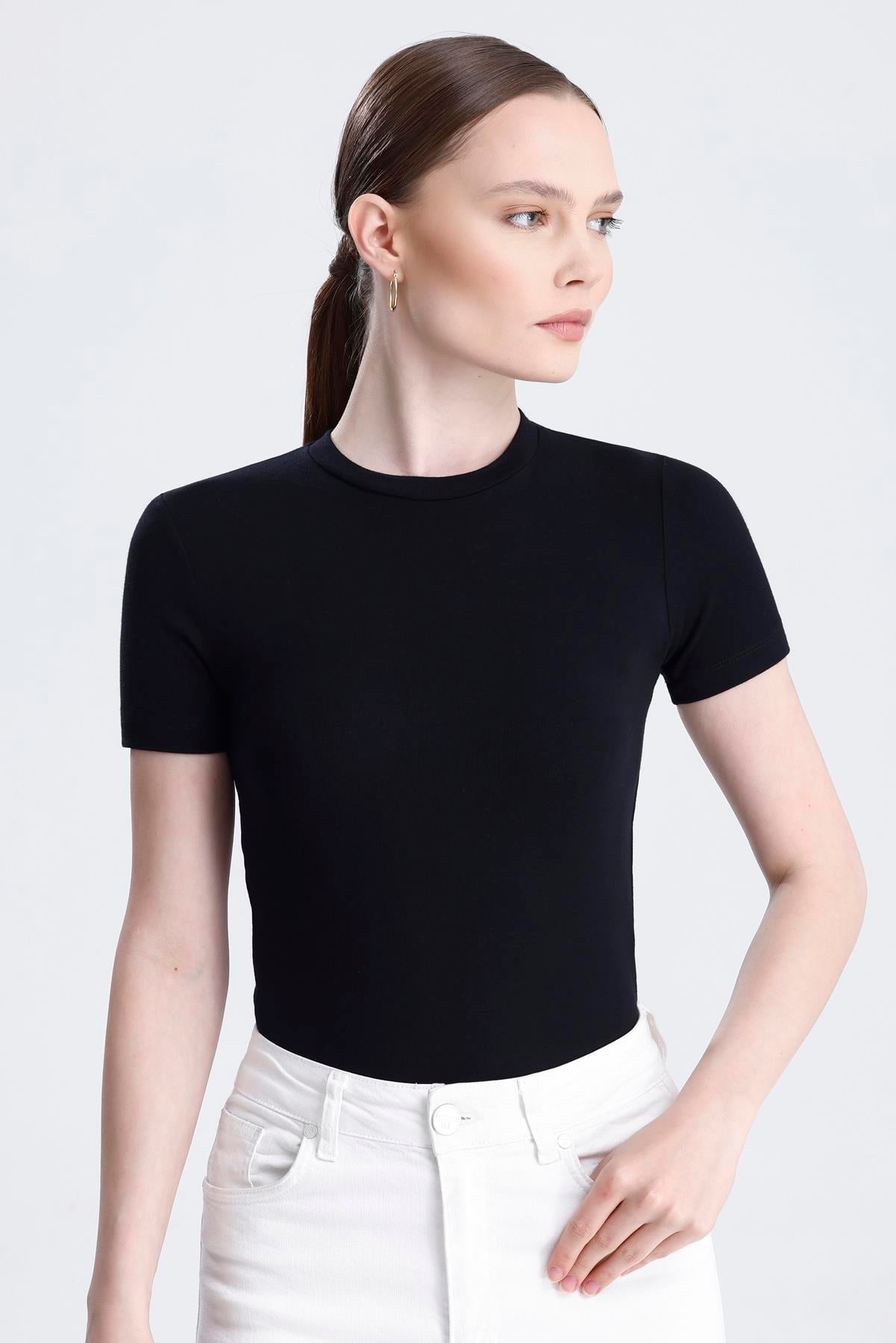 Bisiklet Yaka Kısa Kollu Modal Body - Siyah