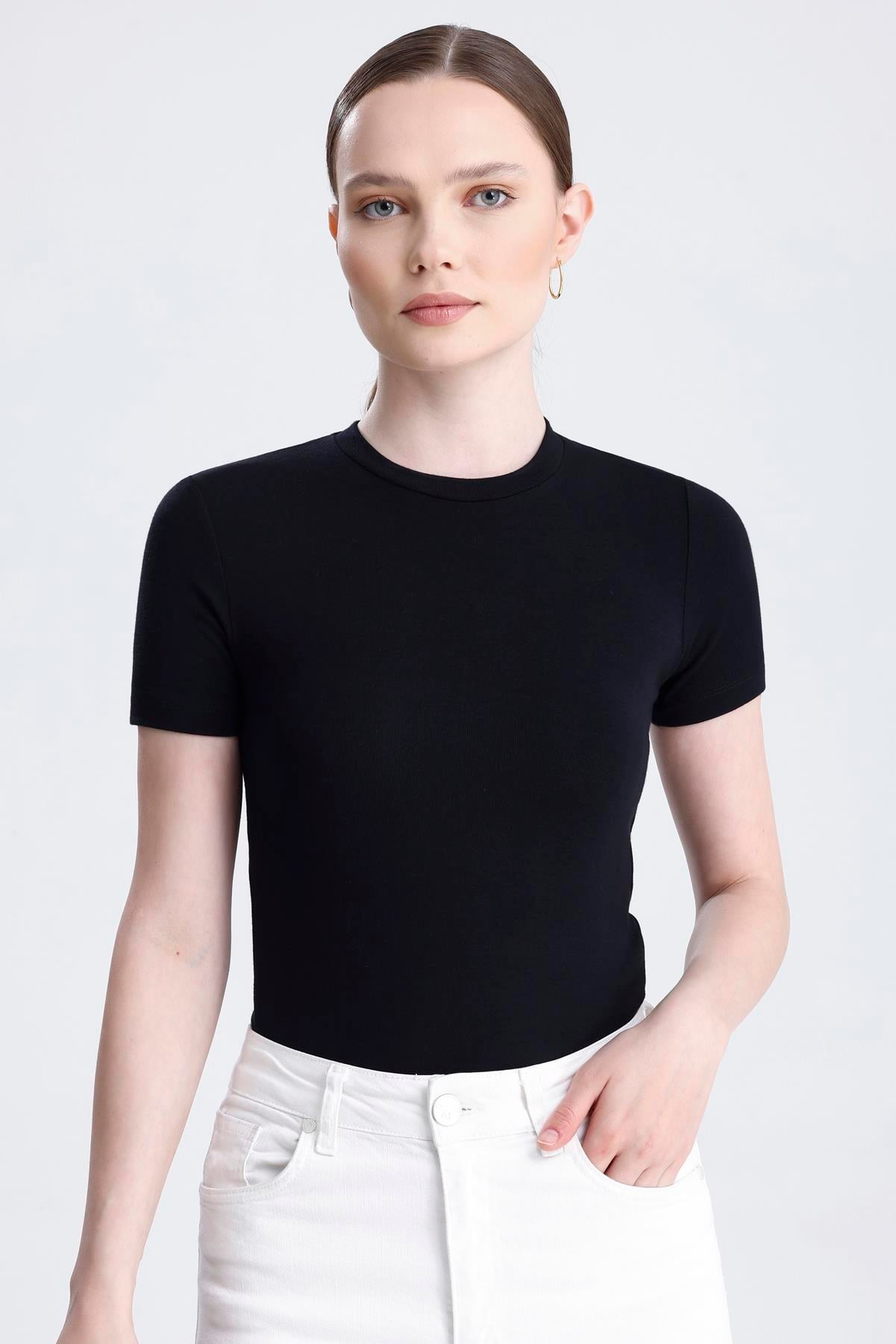 Bisiklet Yaka Kısa Kollu Modal Body - Siyah