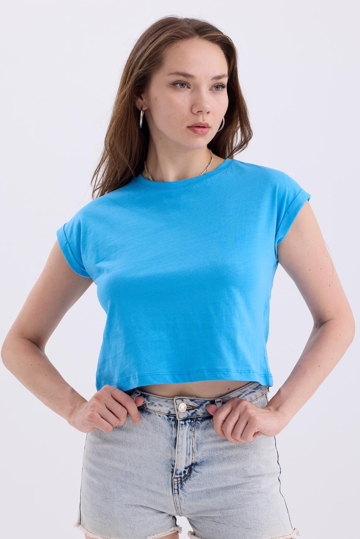 Bisiklet Yaka Yarasa Kollu Basic Crop Tişört - Açık Mavi