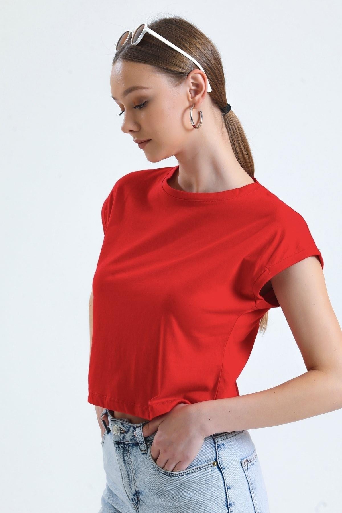 Bisiklet Yaka Yarasa Kollu Basic Crop Tişört - Kırmızı