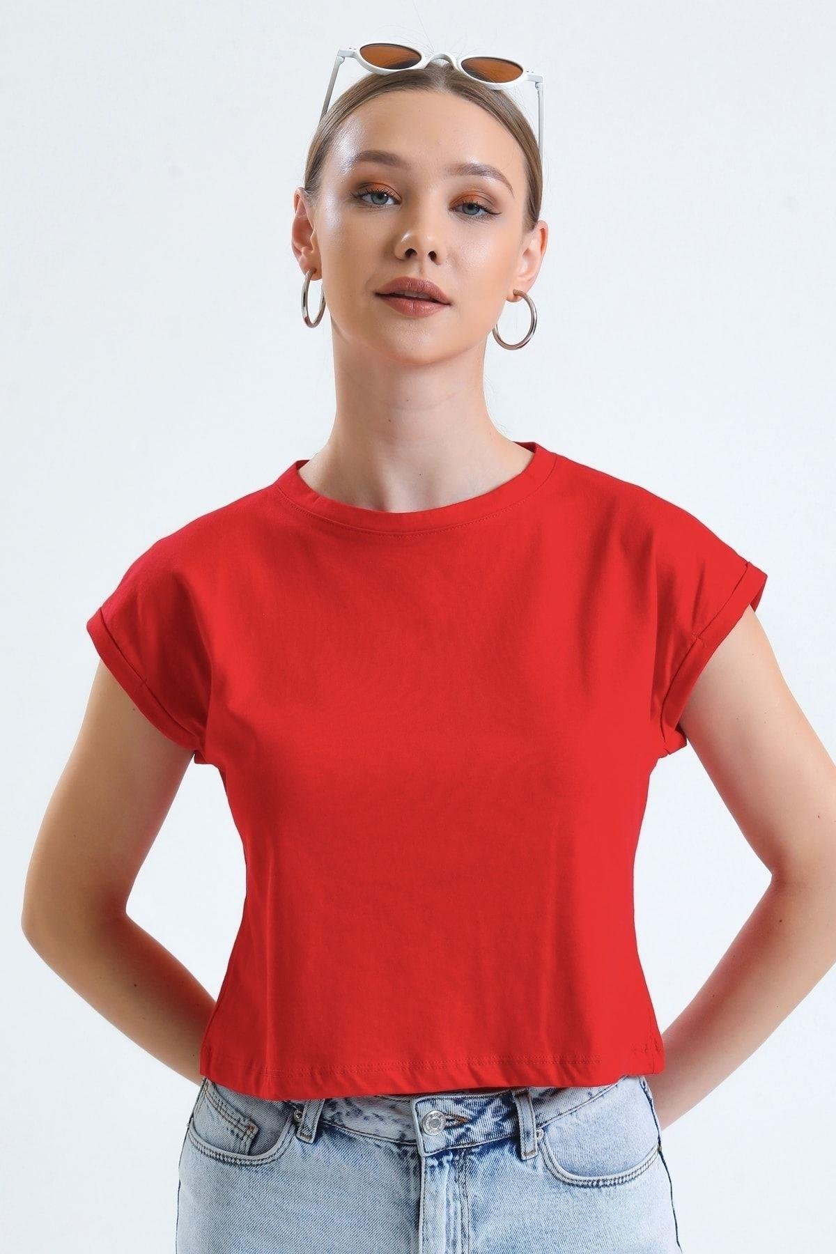Bisiklet Yaka Yarasa Kollu Basic Crop Tişört - Kırmızı