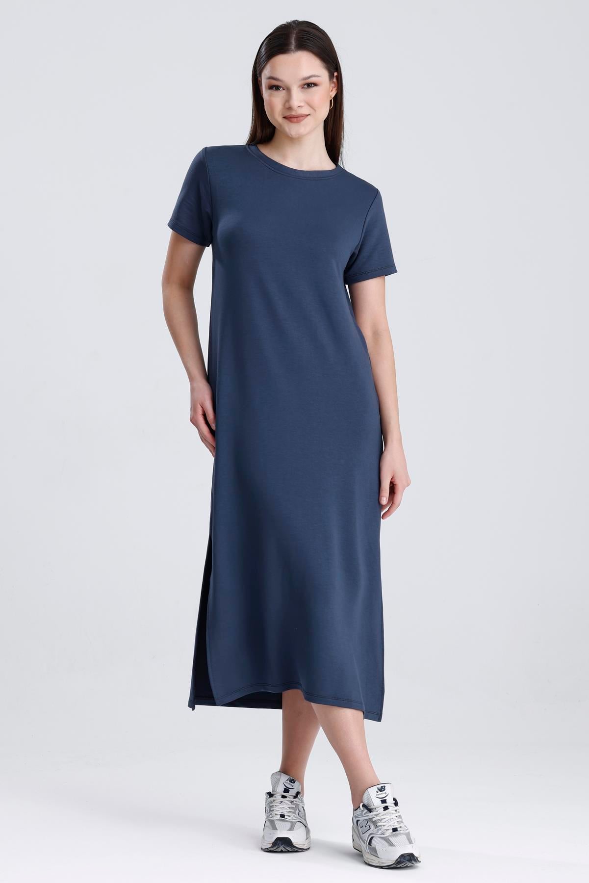 Bisiklet Yaka Yırtmaçlı Modal Basic Salaş Elbise - Antrasit