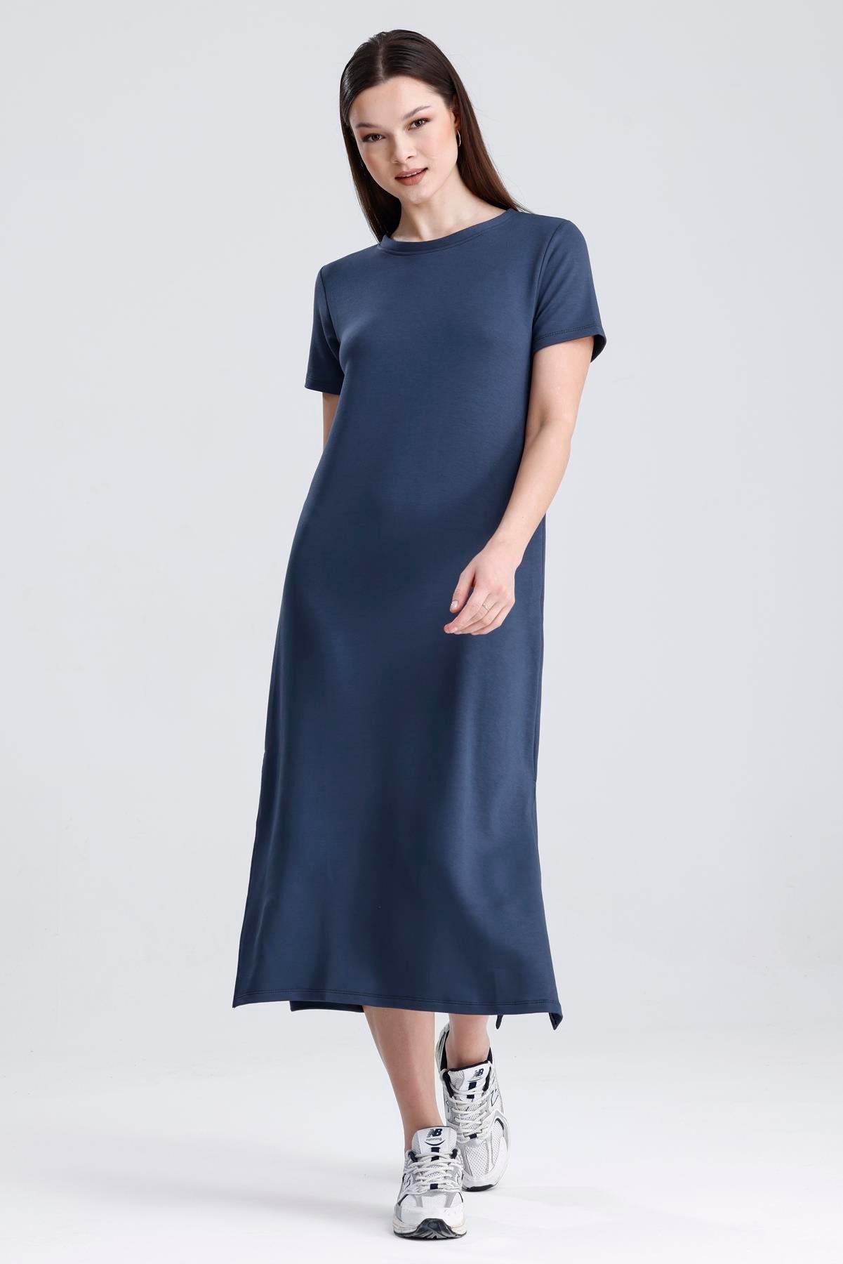 Bisiklet Yaka Yırtmaçlı Modal Basic Salaş Elbise - Antrasit