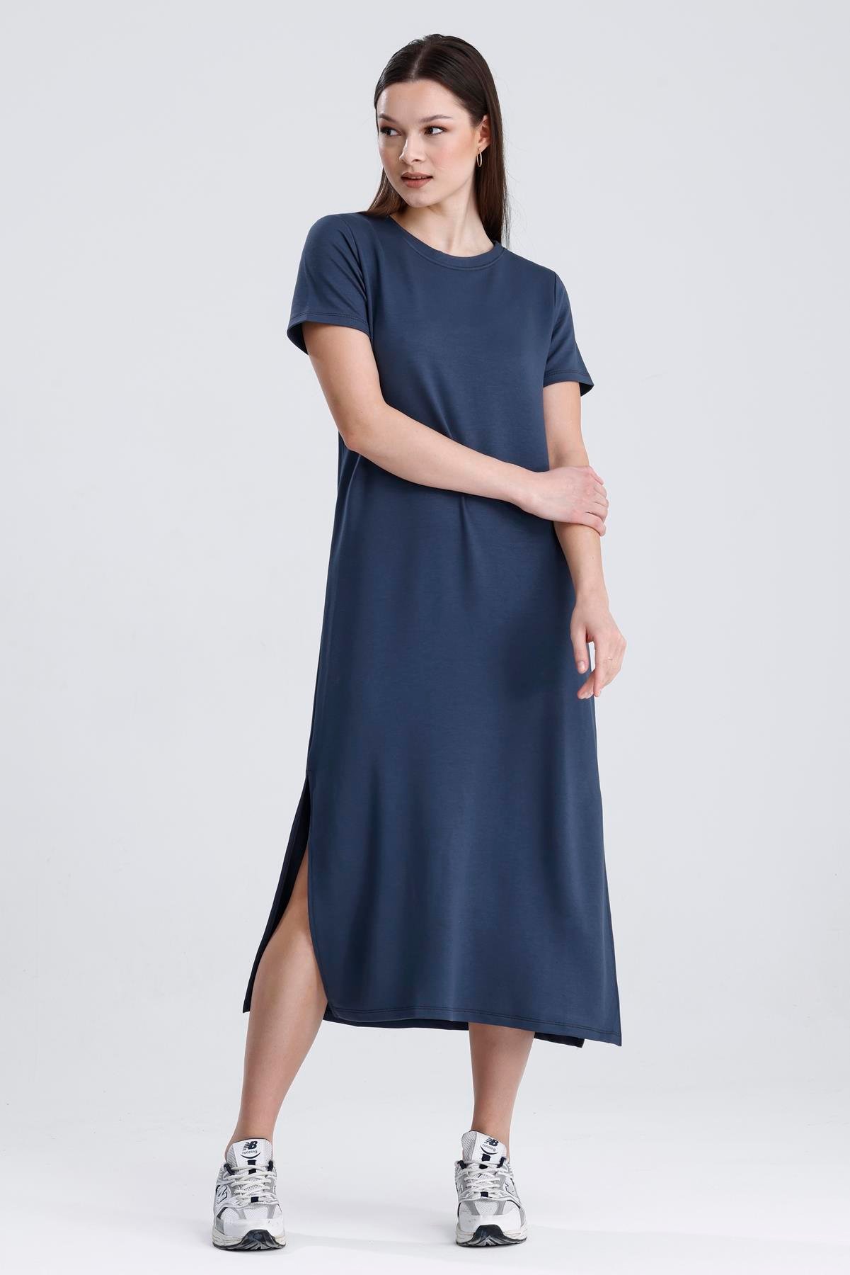 Bisiklet Yaka Yırtmaçlı Modal Basic Salaş Elbise - Antrasit